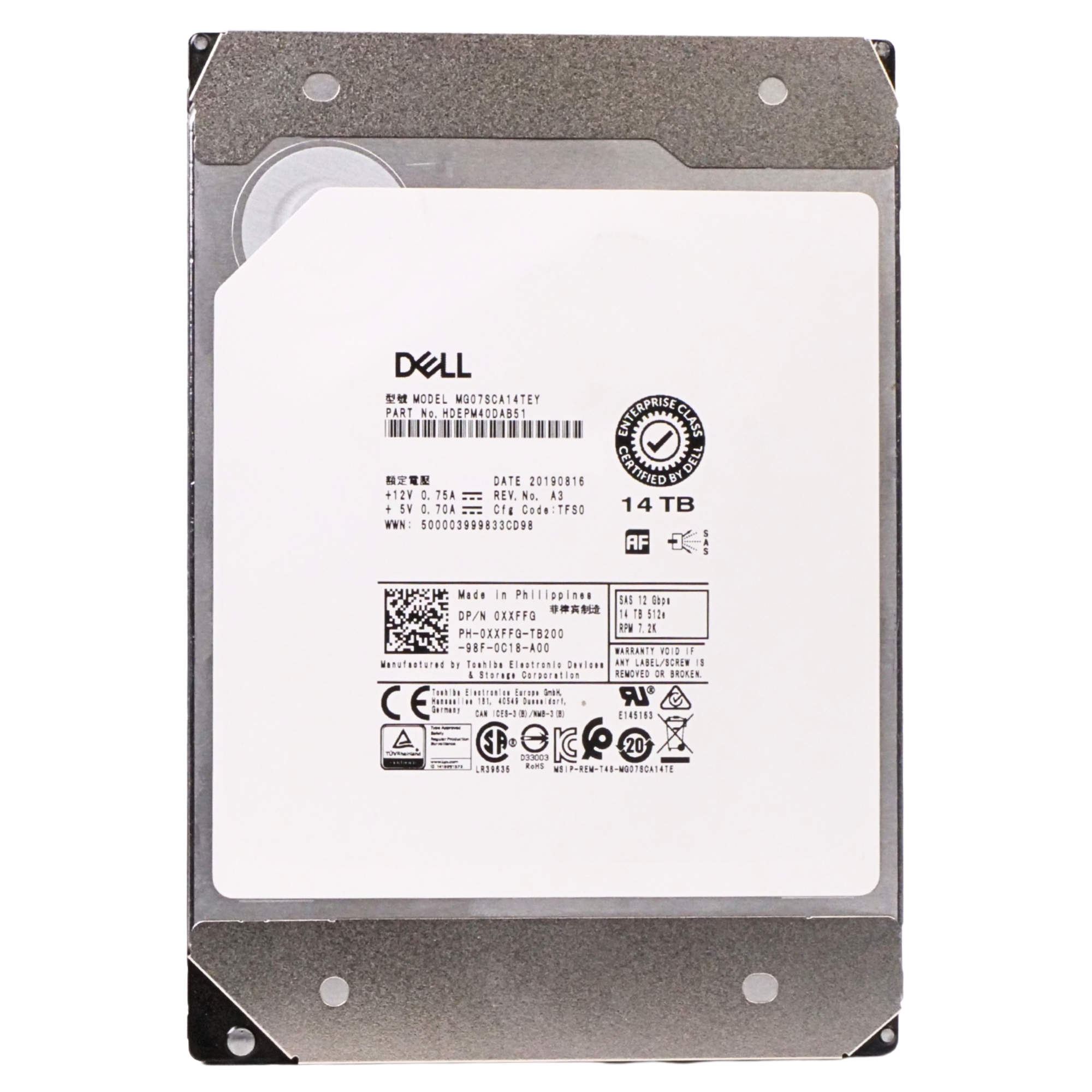 Dell/Toshiba MG07SCA13TEY 14TB 7.2K RPM SAS 12Gb/s 512e 256MB 3.5in Recertified HDD