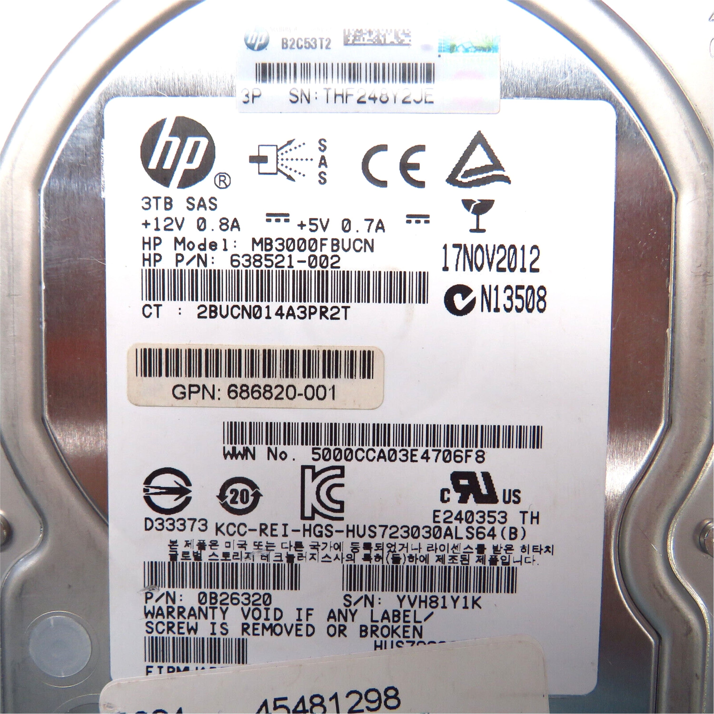 HP 687045-001 3.5" 3TB 7200RPM SAS 6Gb/s Hard Disk Drive (HDD), Silver (Refurbished)