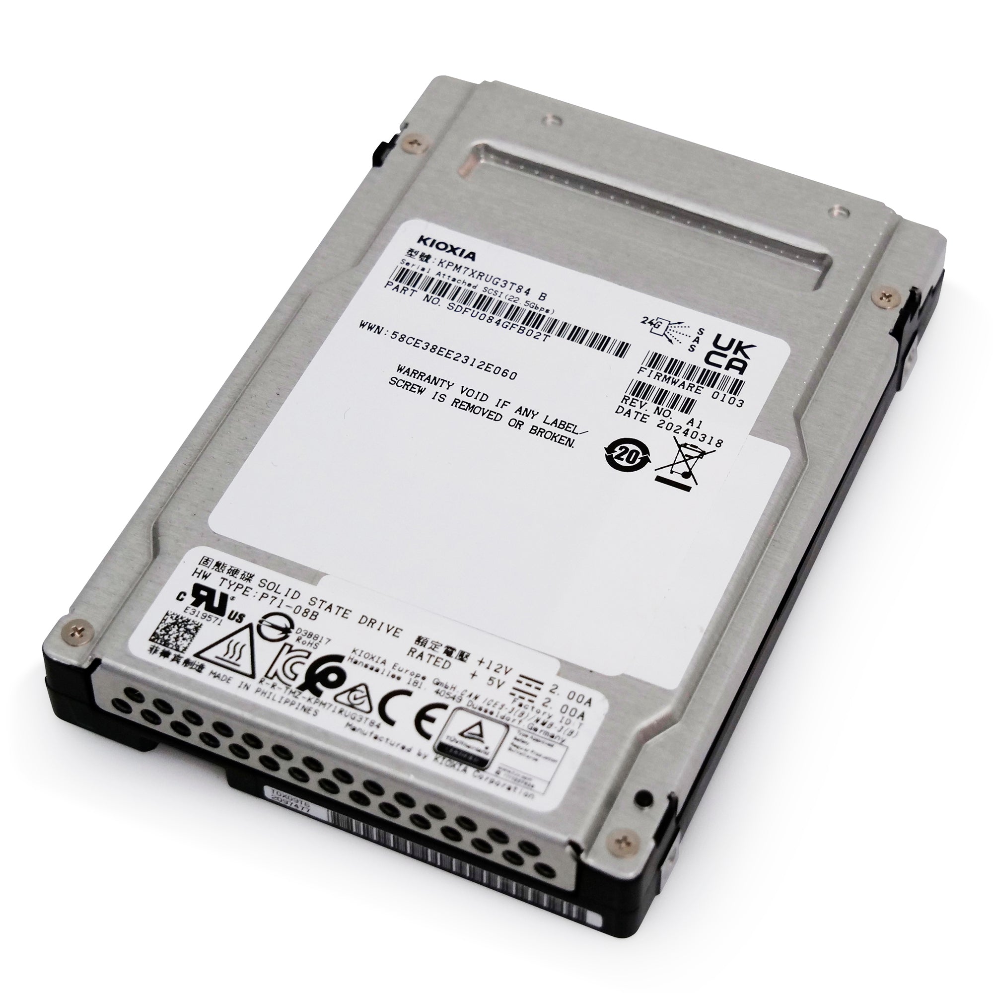 Kioxia PM7-R KPM7XRUG3T84 3.84TB 1DWPD SAS 24Gb/s 3D TLC 2.5in Refurbished SSD