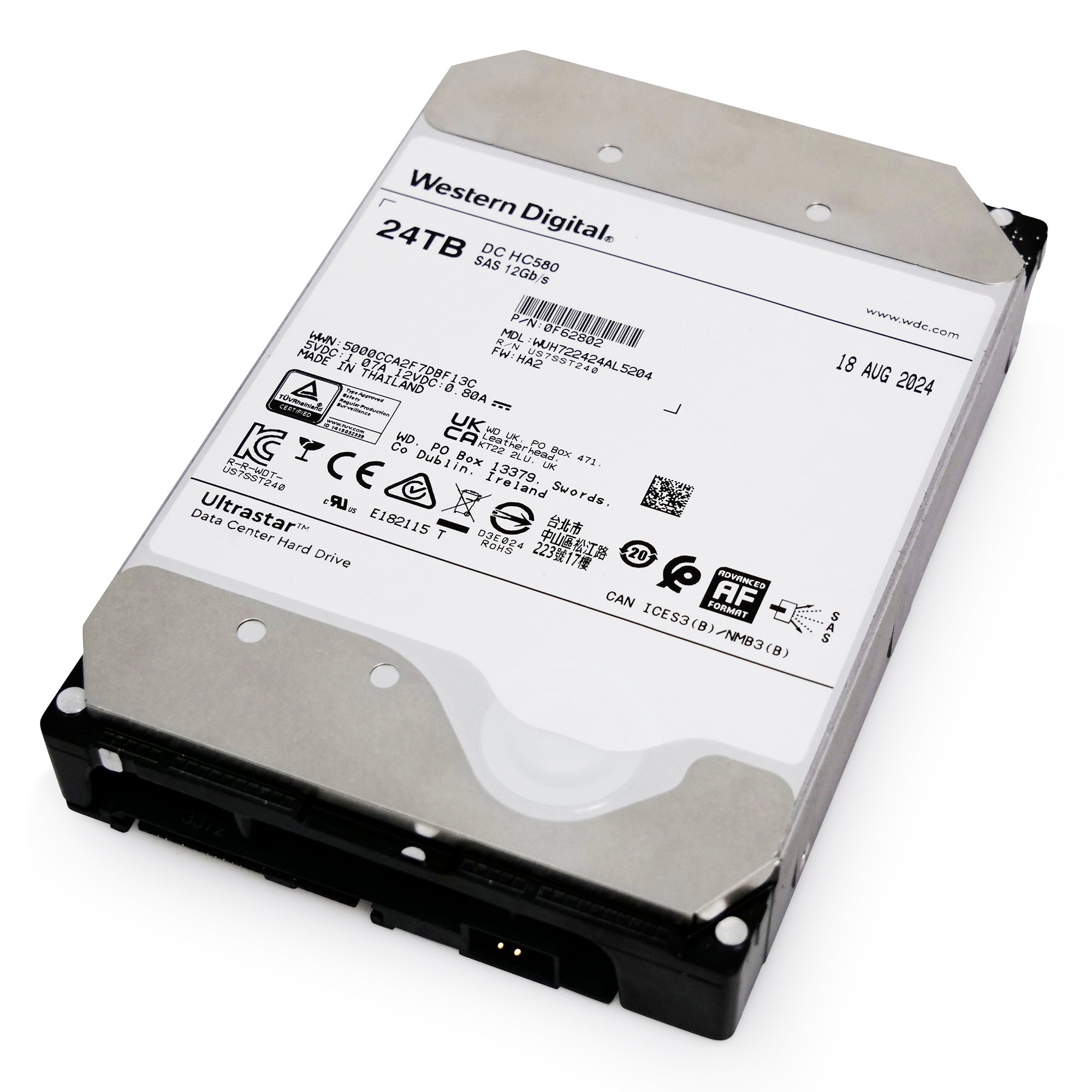 Western Digital Ultrastar DC HC580 WUH722424AL5204 24TB 7.2K RPM SAS 12Gb/s 512e 3.5in Refurbished HDD