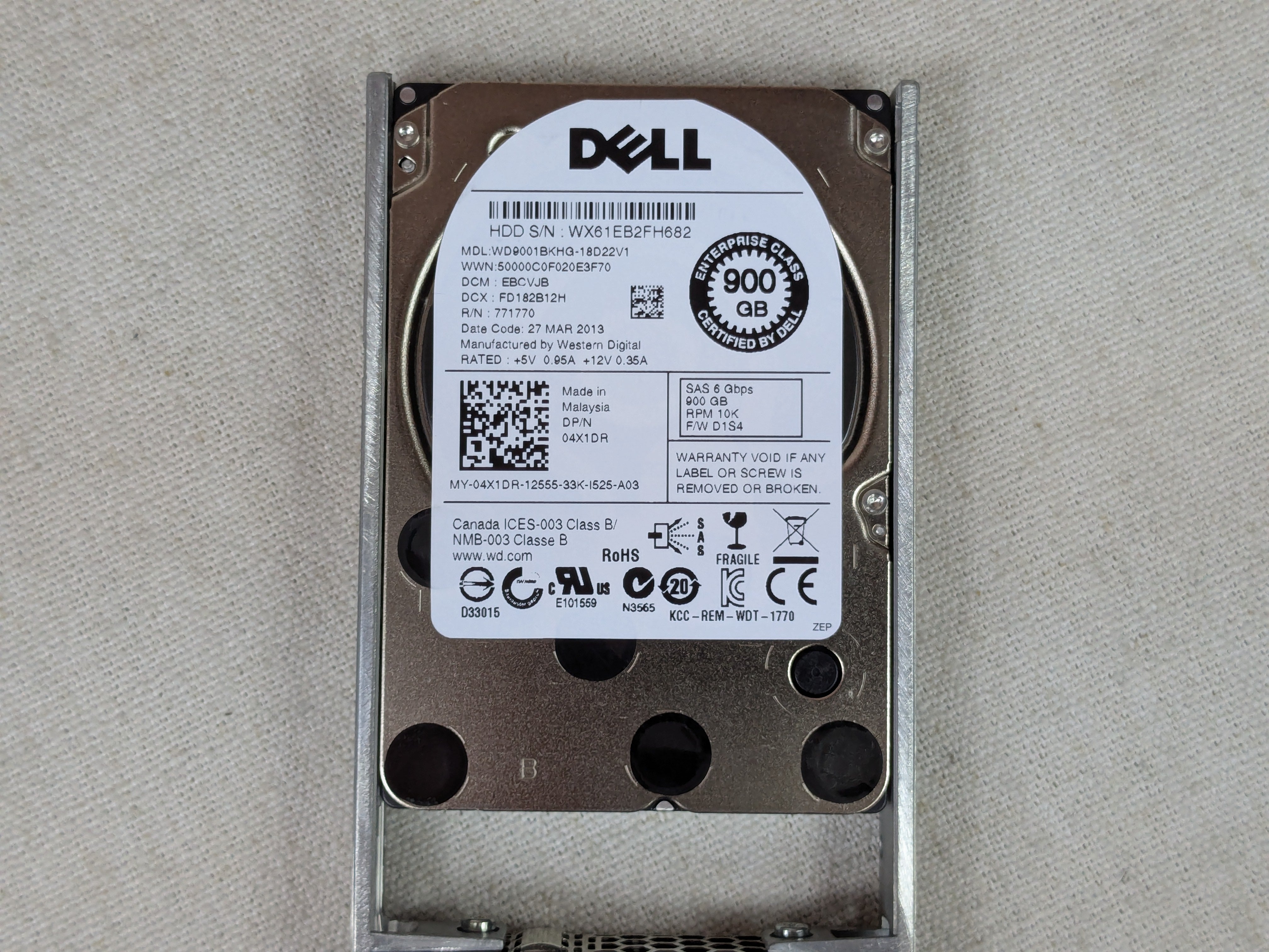 Dell 4X1DR 900GB 10k 6Gb/s 2.5" SAS Hard Drive w/ Tray WD9001BKHG