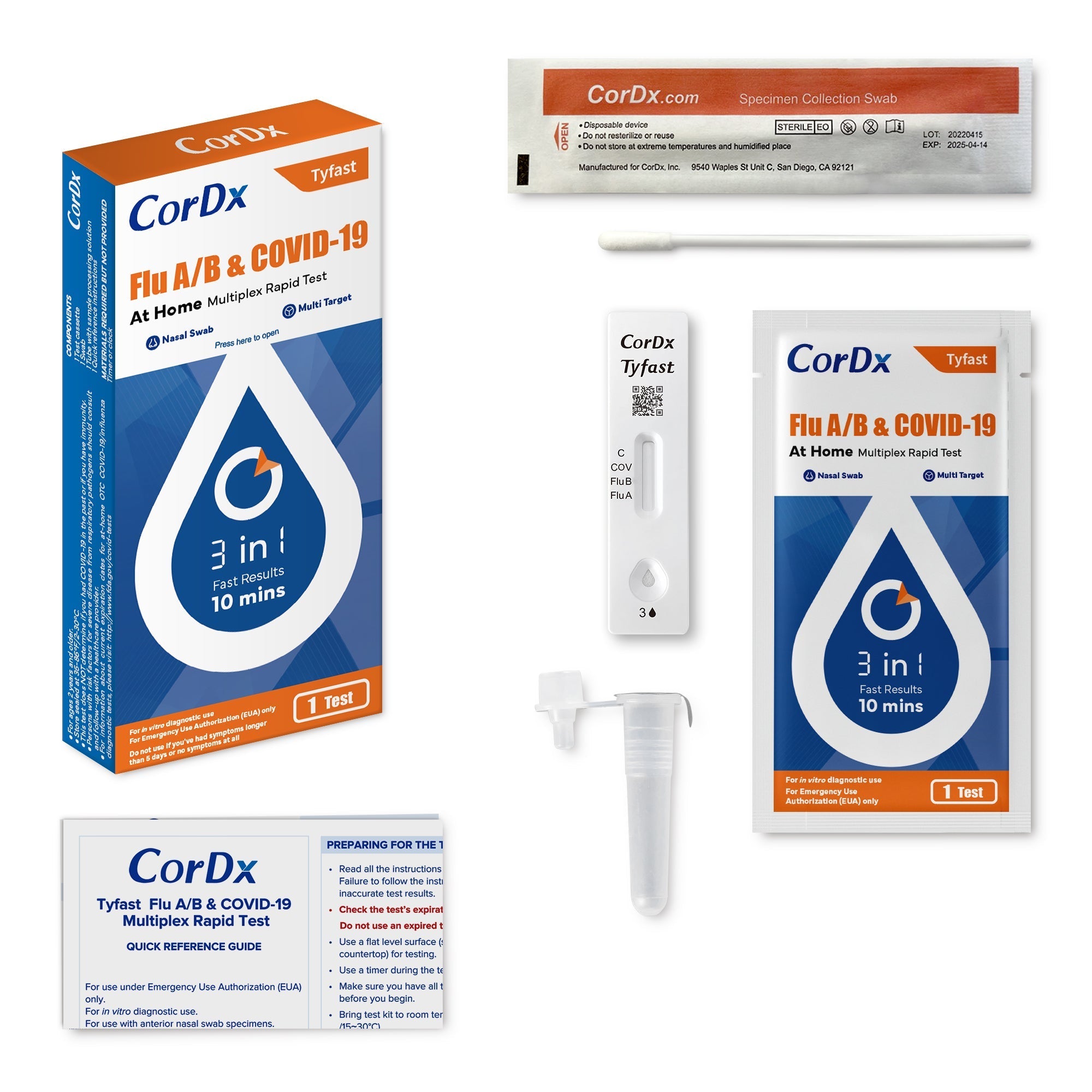 CorDx 3 in 1 Tyfast Flu A/B & COVID-19 OTC At Home Multiplex Rapid Test (1 Test per Box