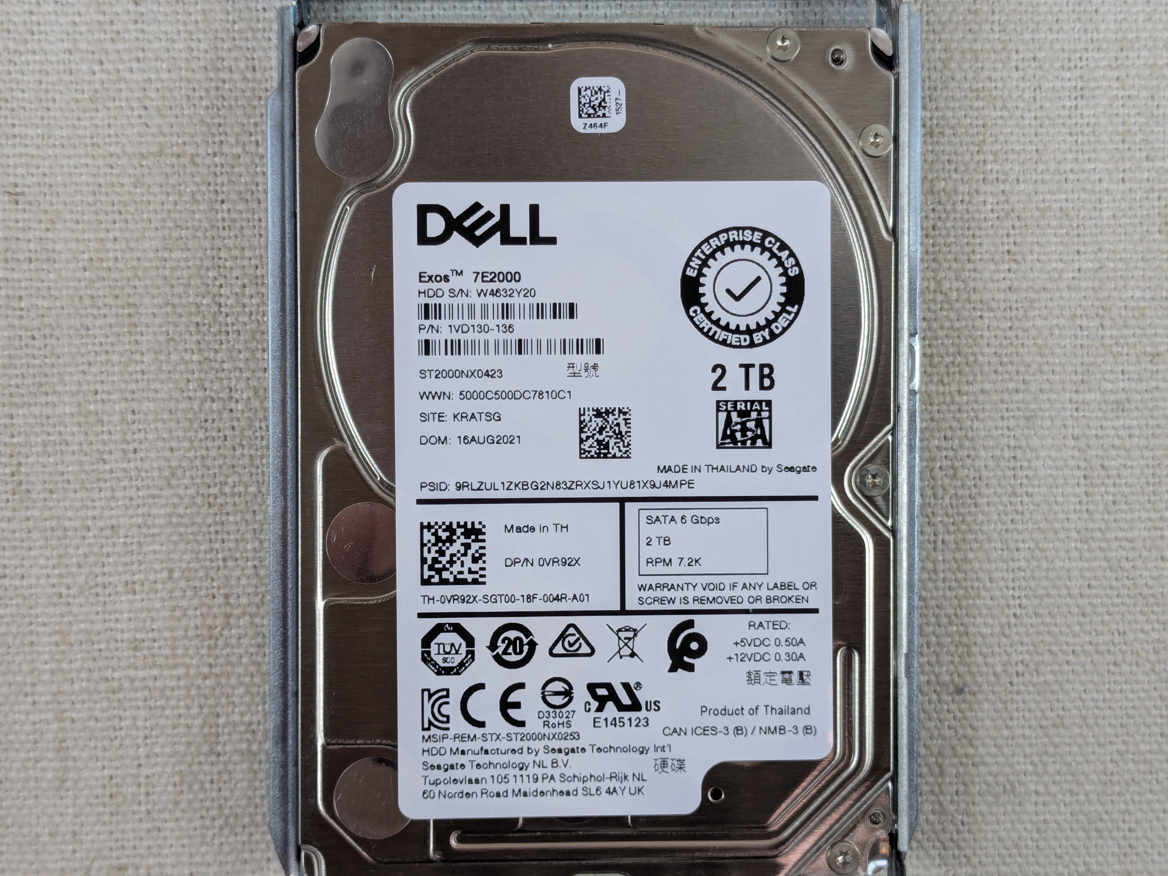 Dell VR92X 2TB 7.2k 6Gb/s 2.5" SATA Hard Drive ST2000NX0423 w/ 14G Tray