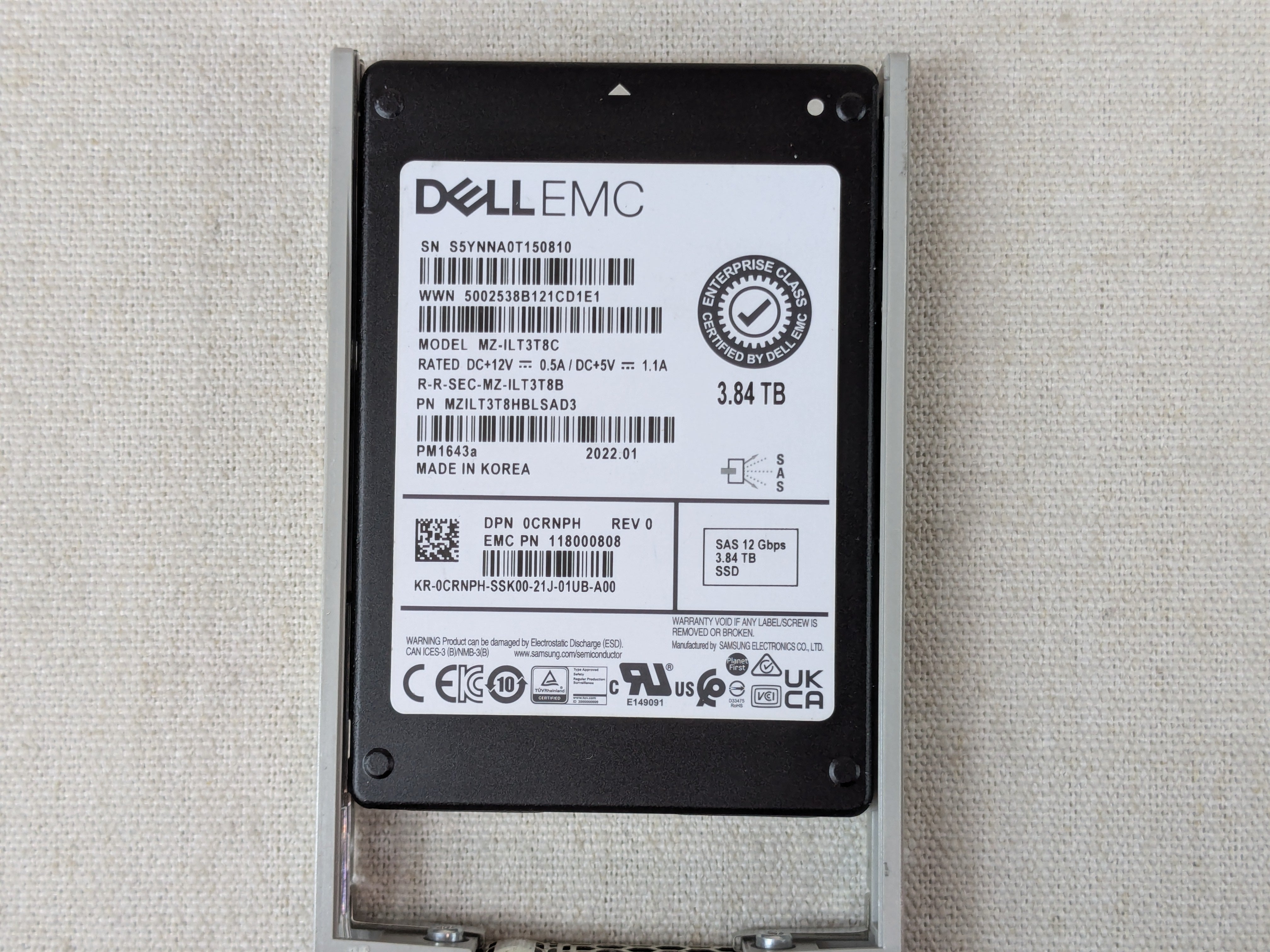 Dell CRNPH 3.84TB 12Gb/s 2.5" SAS RI TLC SSD PM1643a MZ-ILT3T8C w/ 13G Tray