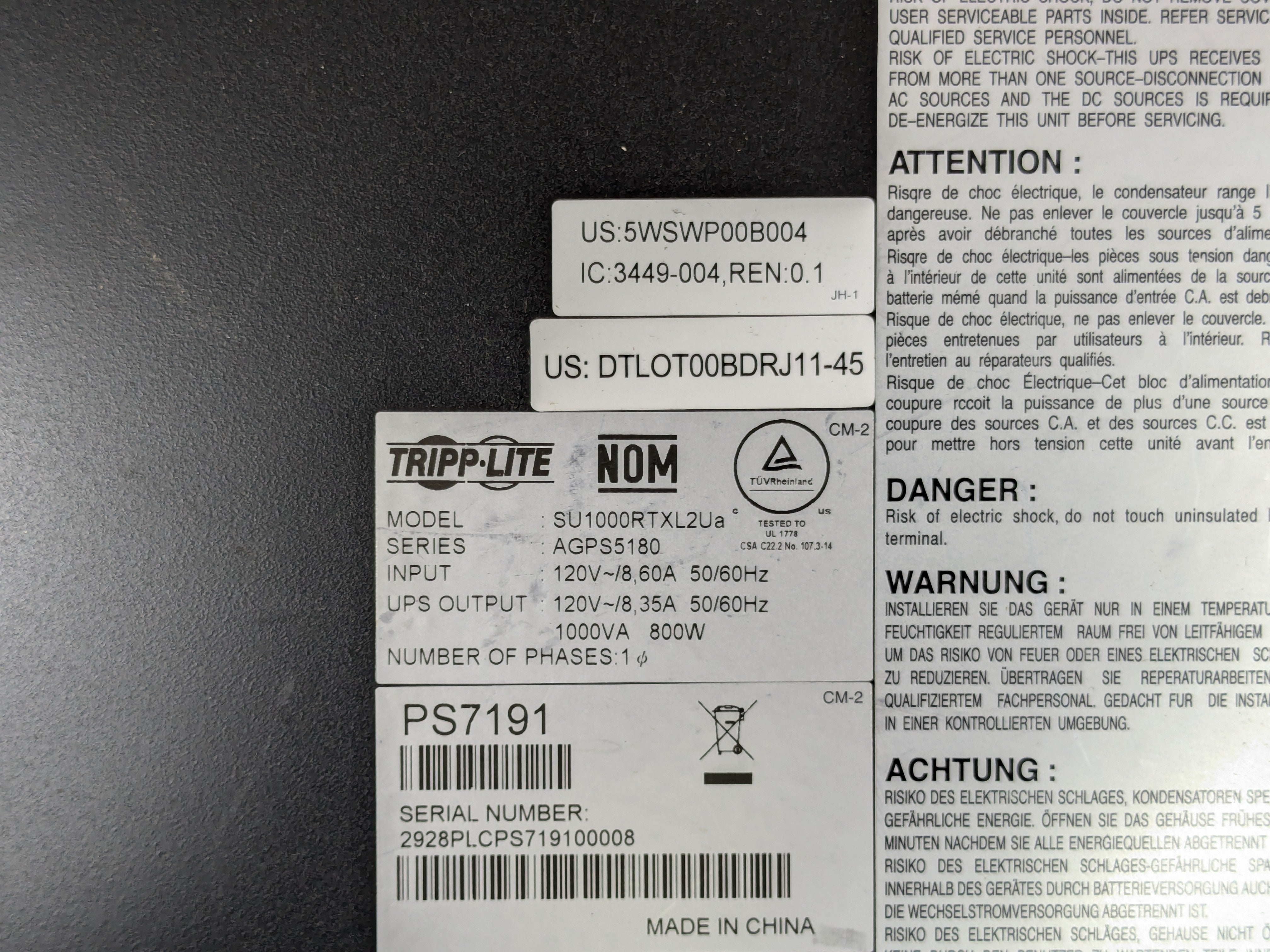Tripp Lite SU1000RTXL2UA SmartOnline 120V 1kVA 800W Double-Conversion UPS