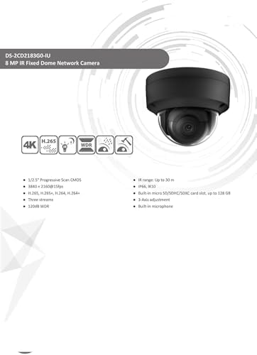 DS-2CD2183G2-I 4K 8MP AcuSense Vandal Fixed Dome POE IP Camera Outdoor, 2.8mm Wide Angle, 3-Axis, WDR, IP67, IK10