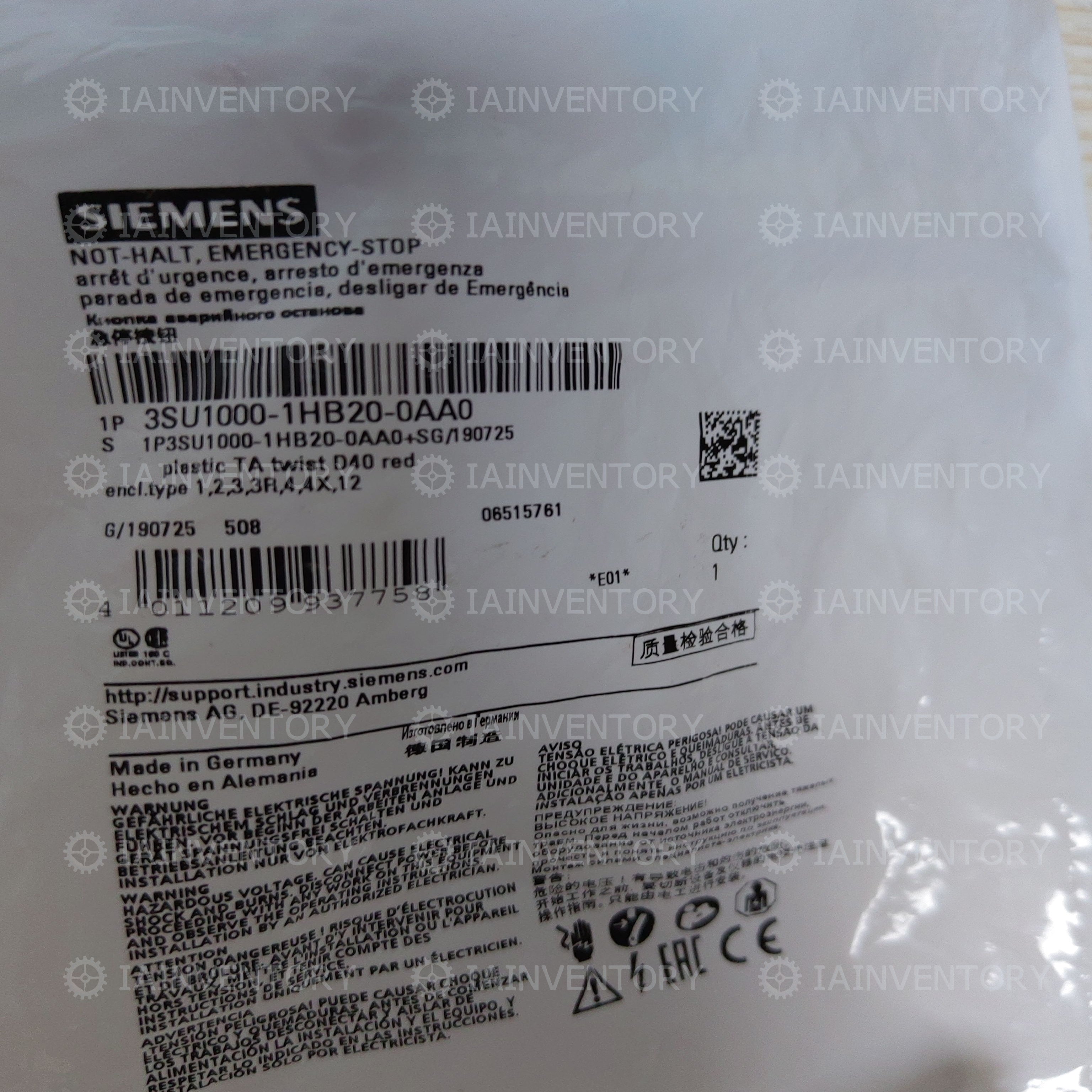 Siemens emergency stop switch 3SU1000-1HB20-0AA0