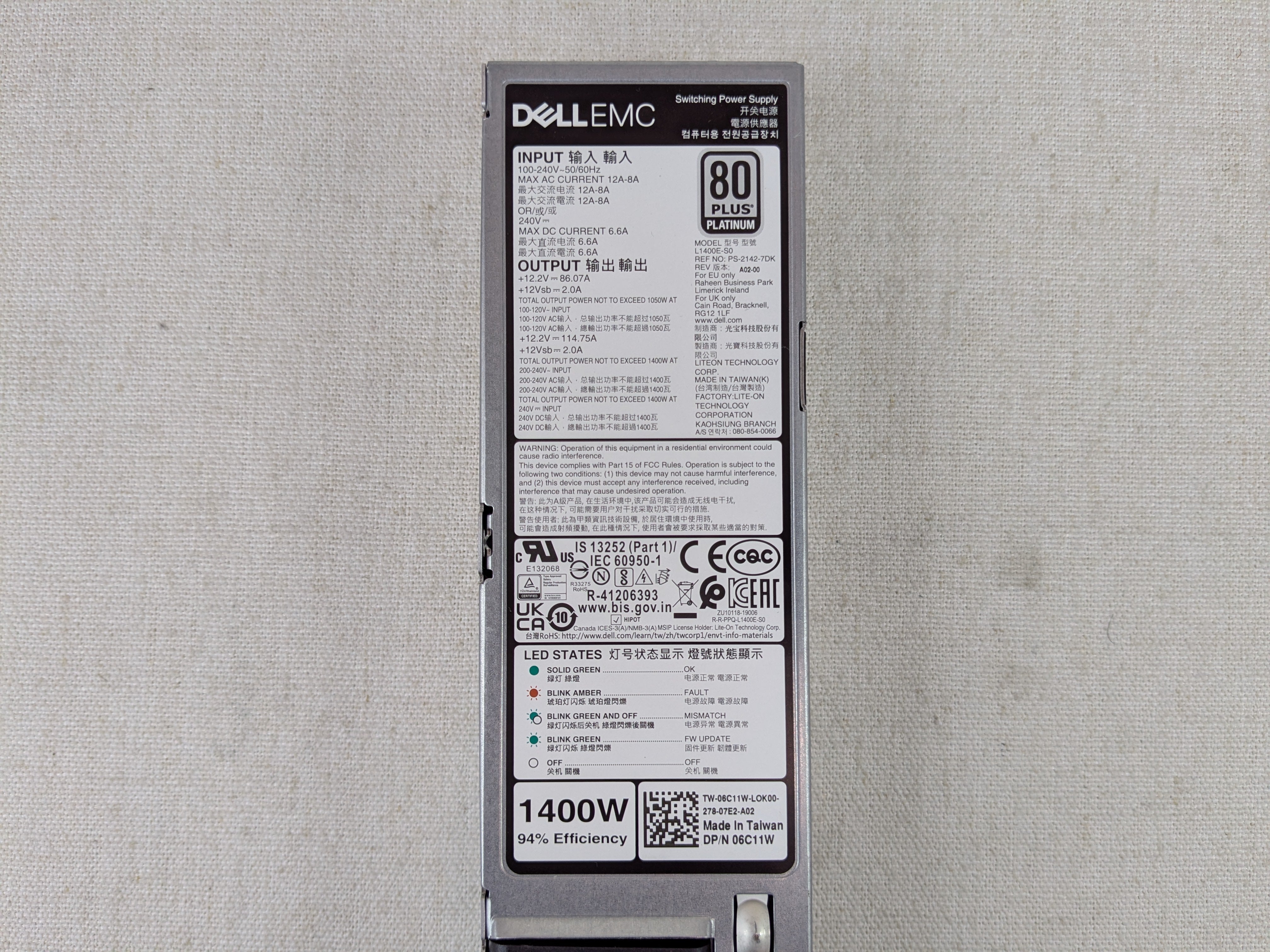 Dell 6C11W 1400W Platinum Mixed Mode Power Supply Module R650 R750 R660 R760