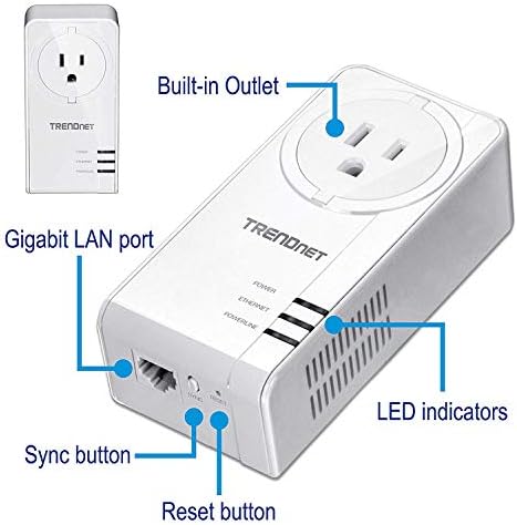 TRENDnet Powerline 1300 AV2 Adapter with Built-in Outlet Adapter Kit, Includes 2 x TPL-423E Adapters, IEEE 1905.1 & IEEE 1901, Gigabit Port, Range Up to 300m (984 ft, White, TPL-423E2K