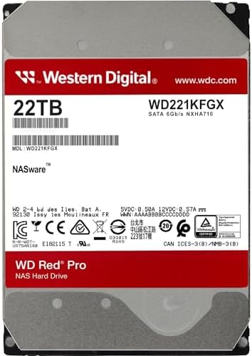 Western Digital 22TB WD Red Pro NAS Internal Hard Drive HDD - 7200 RPM, SATA 6 Gb/s, CMR, 512 MB Cache, 3.5" - WD221KFGX