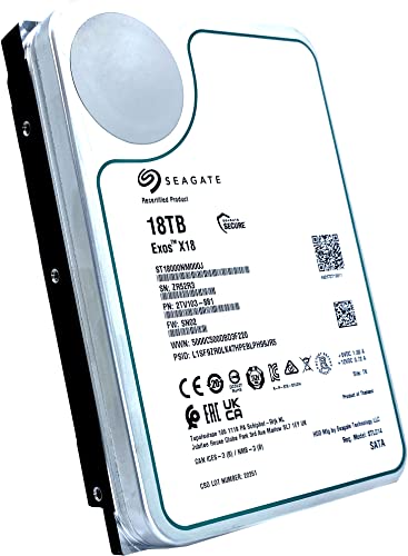 Seagate (Recertified Exos X18 18TB Enterprise HDD - CMR 3.5 Inch Hyperscale SATA 6Gb/s, 7200 RPM, 512e and 4Kn FastFormat, Low Latency with Enhanced Caching (ST18000NM000J