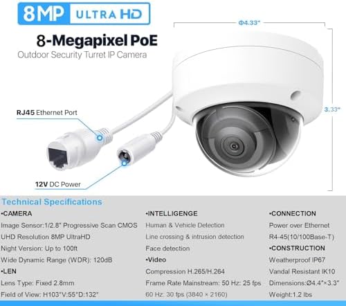 DS-2CD2183G2-I 4K 8MP AcuSense Vandal Fixed Dome POE IP Camera Outdoor, 2.8mm Wide Angle, 3-Axis, WDR, IP67, IK10