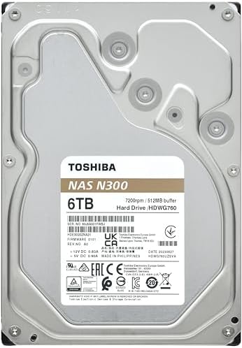 Toshiba N300 16TB NAS 3.5-Inch Internal Hard Drive - CMR SATA 6 GB/s 7200 RPM 512 MB Cache - HDWG51GXZSTA