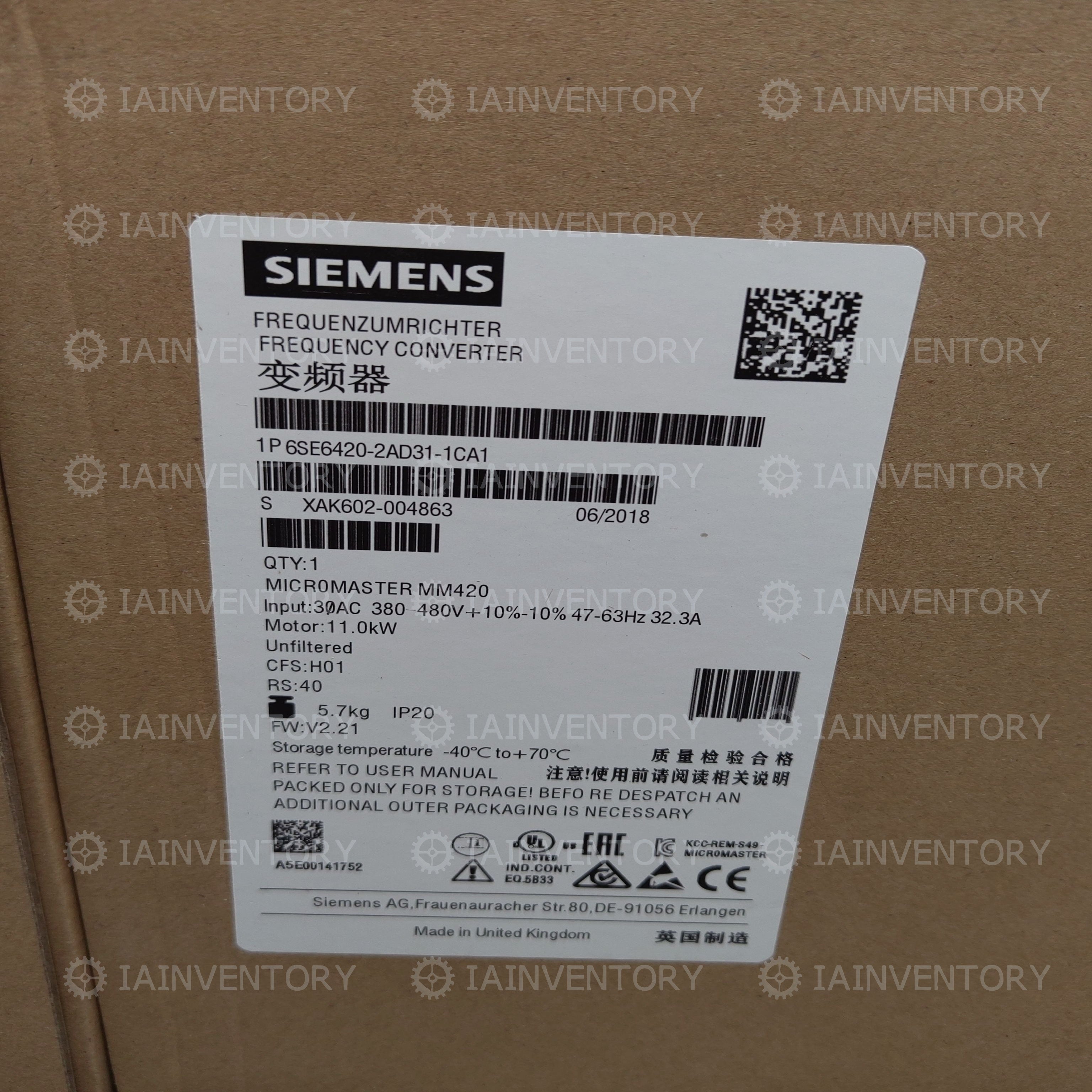 Siemens Micromaster 6SE6420-2AD31-1CA1 6SE6 420-2AD31-1CA1