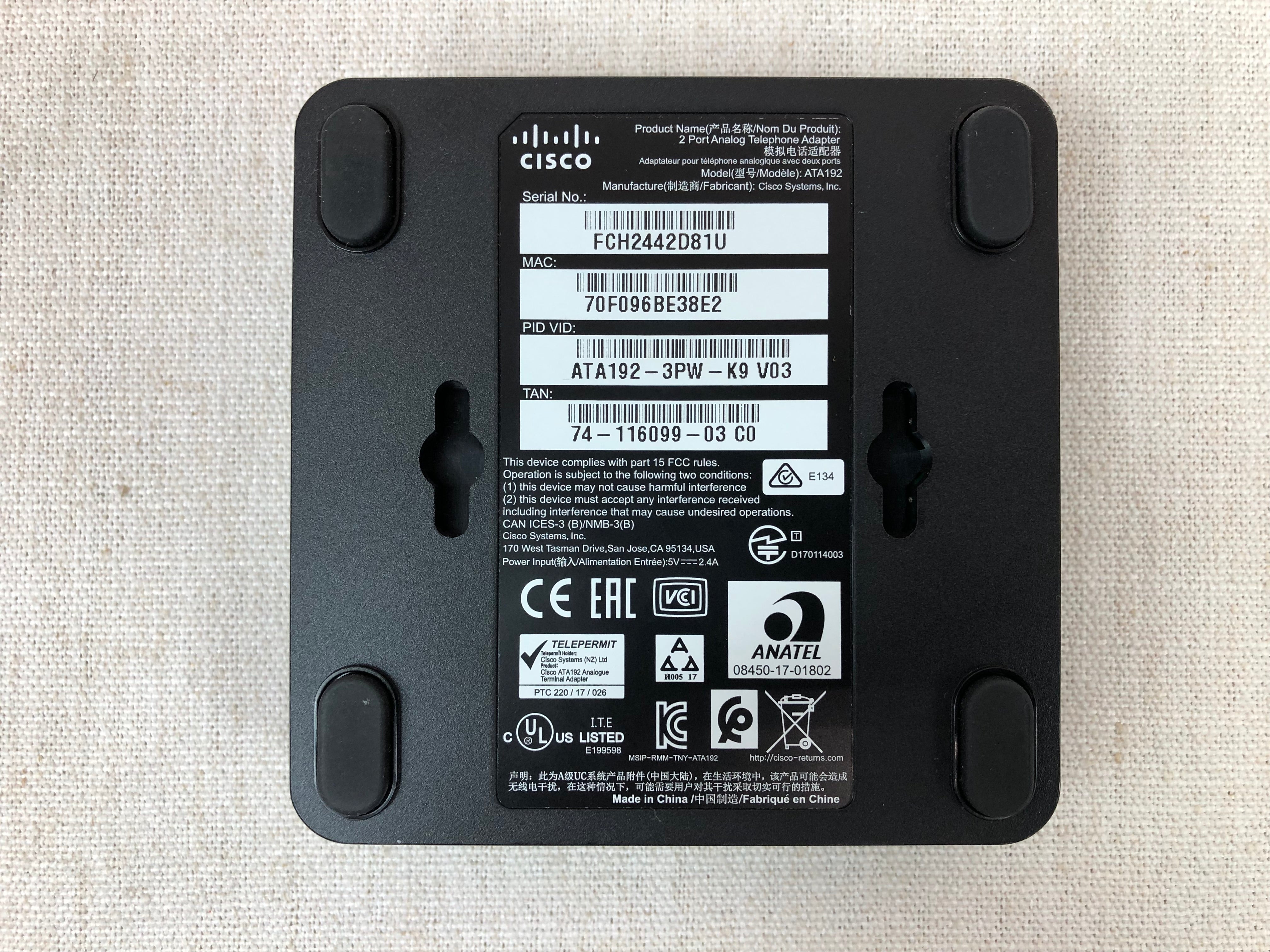 Cisco ATA192-3PW-K9 2 Port Multiplatform Analog Telephone Adapter w/ AC