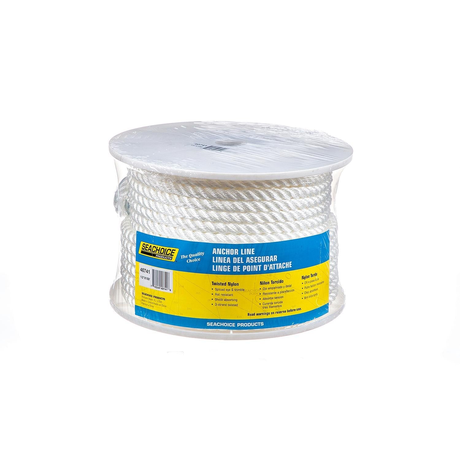 Seachoice 40741 3-Strand Twisted Nylon Anchor Line White, 1/2" x 150'