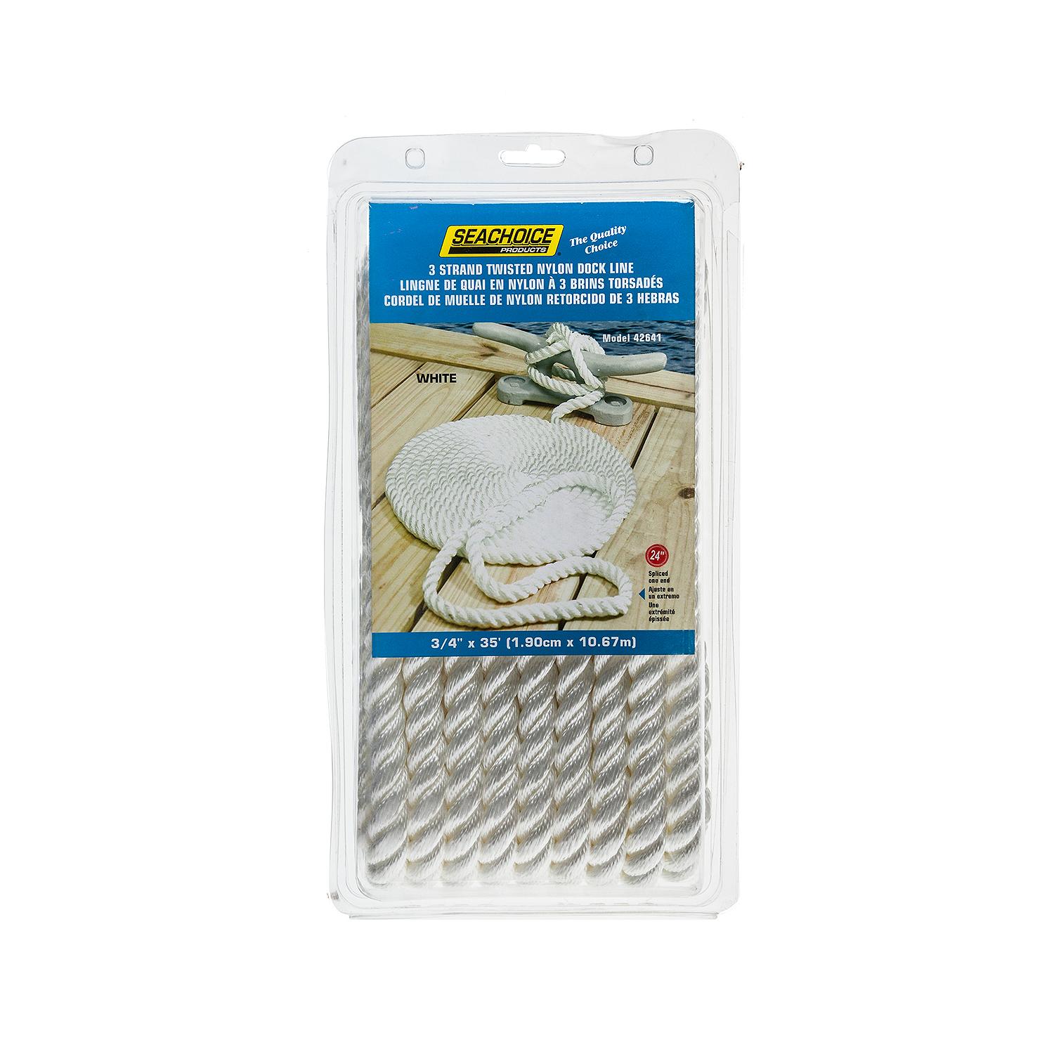 Seachoice 42641 3-Strand Twisted Nylon Dock Line, White, 3/4" x 35'