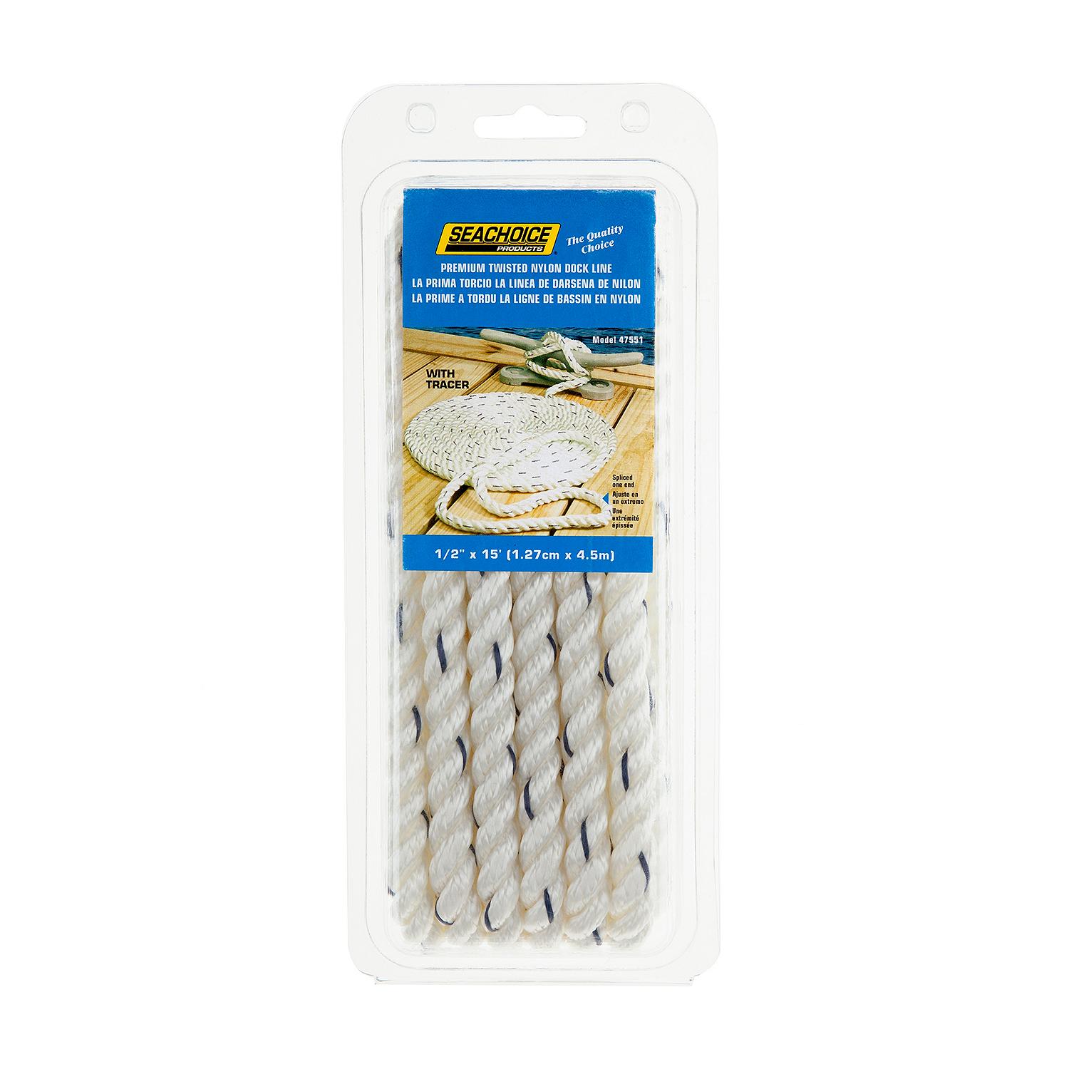 Seachoice 47551 Premium 3-Strand Twisted Nylon Dock Line, White w/ Blue Tracer, 1/2" x 15'