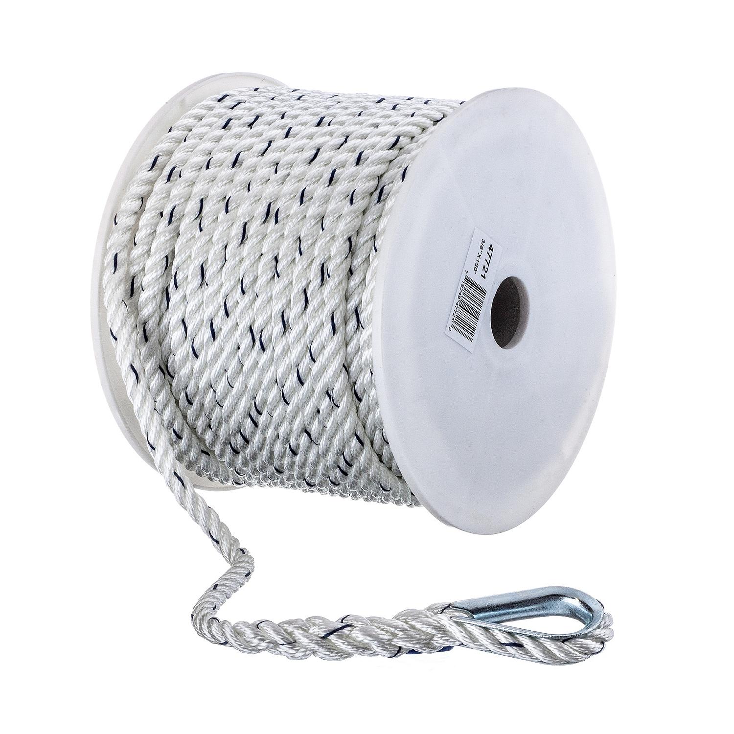 Seachoice 47721 Premium 3-Strand Twisted Nylon Anchor Line White w/ Blue Tracer, 3/8" x 150'