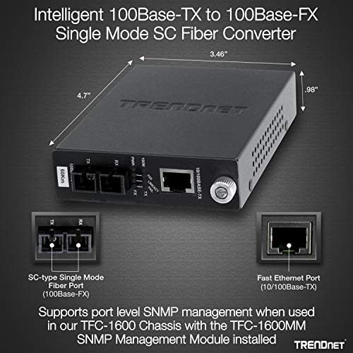 TRENDnet Intelligent 10/100Base-TX to 100Base-FX Single Mode SC Fiber Media Converter (60Km /37.3 Miles, Auto-Negotiation, RJ-45 Port, Fiber to Ethernet Converter,Lifetime Protection, TFC-110S60i