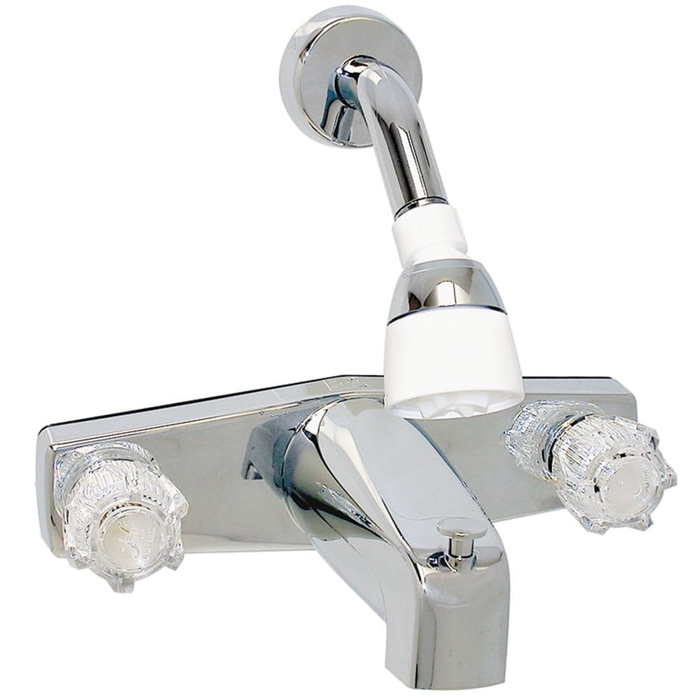 Valterra PF214348 RV Tub/Shower Faucet, Phoenix 2-Handle, Clear Acrylic Knobs & Shower Head Kit, Chrome