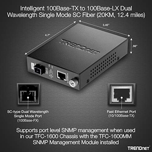 TRENDnet Intelligent 100Base-TX to 100Base-FX Dual Wavelength Single Mode SC Fiber Media Converter (20 km/12.4 Miles,Fiber Port, RJ-45, Fiber to Ethernet Converter Lifetime Protection, TFC-110S20D5i