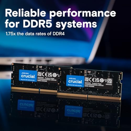 Crucial 32GB DDR5 RAM Kit (2x16GB, 5600MHz (or 5200MHz or 4800MHz Laptop Memory 262-Pin SODIMM, Compatible with Intel Core and AMD Ryzen 7000, Black - CT2K16G56C46S5