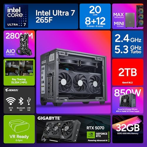 Cooler Master NR2 Pro Mini ITX – Intel Ultra 7 265F 2.4GHz (5.3 GHz Turbo | Gigabyte RTX 5070 12GB & B860I AORUS PRO ICE| 32GB DDR5 6000MHz | 2TB Gen4 M.2 | WiFi | Windows 11 | 280mm AIO Gaming PC