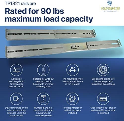 Rackmount Sliding Rails - Kit for 2U-8U Chassis (Adjustable 18" to 25" Depth 2 or 4 Post Mount Sliders for Server Case (Compatible with Any Standard Rack, Cabinet, Computer Enclosure Tupavco TP1821