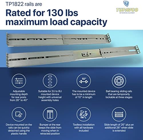 Rackmount Sliding Rails - Kit for 2U-8U Chassis (Adjustable 26" to 40" Depth 2 or 4 Post Mount Sliders for Server Case (Compatible with Any Standard Rack, Cabinet, Computer Enclosure Tupavco TP1822