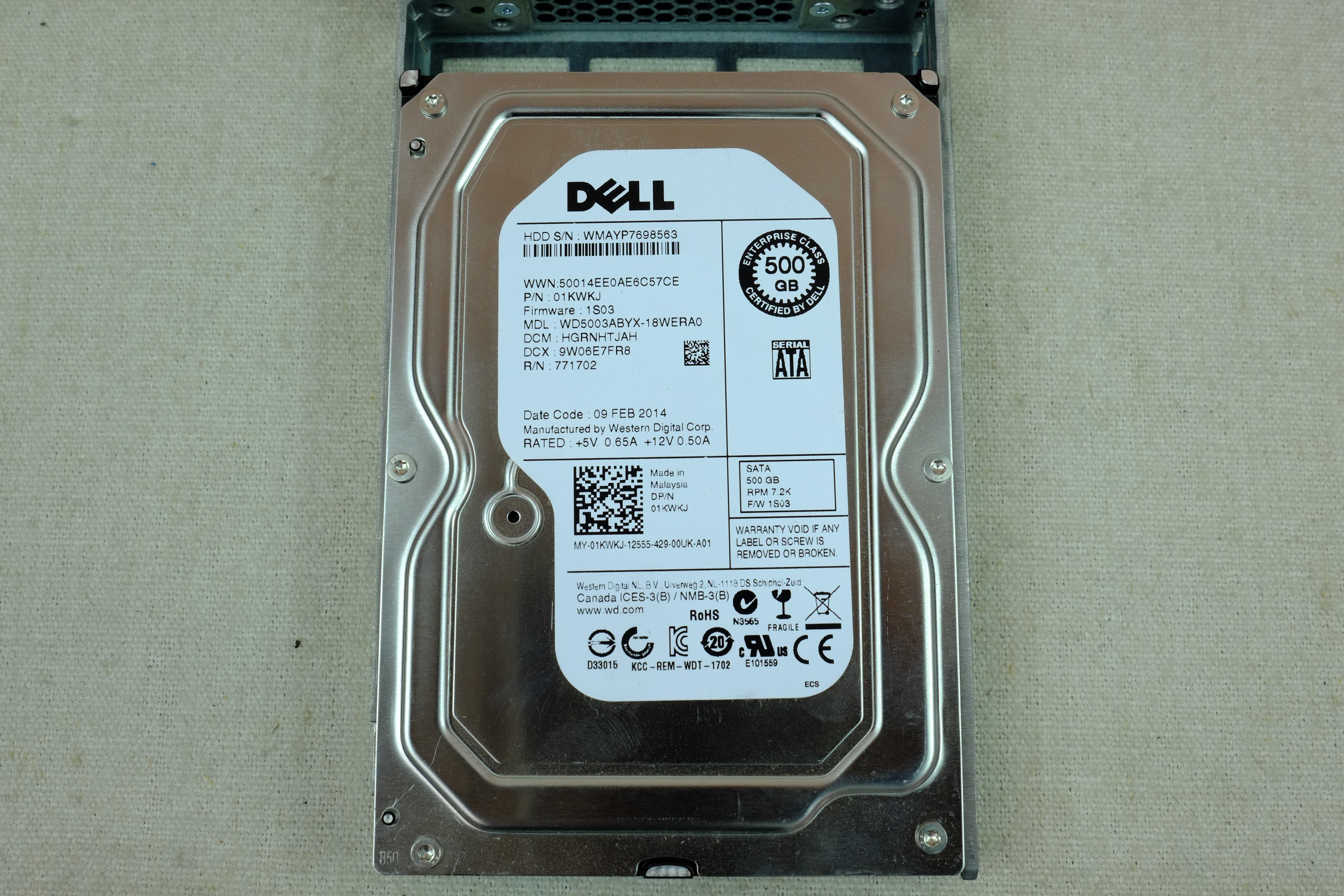 Dell 1KWKJ 500GB 7.2k 3Gb/s 3.5” SATA Hard Drive WD5003ABYX with Tray