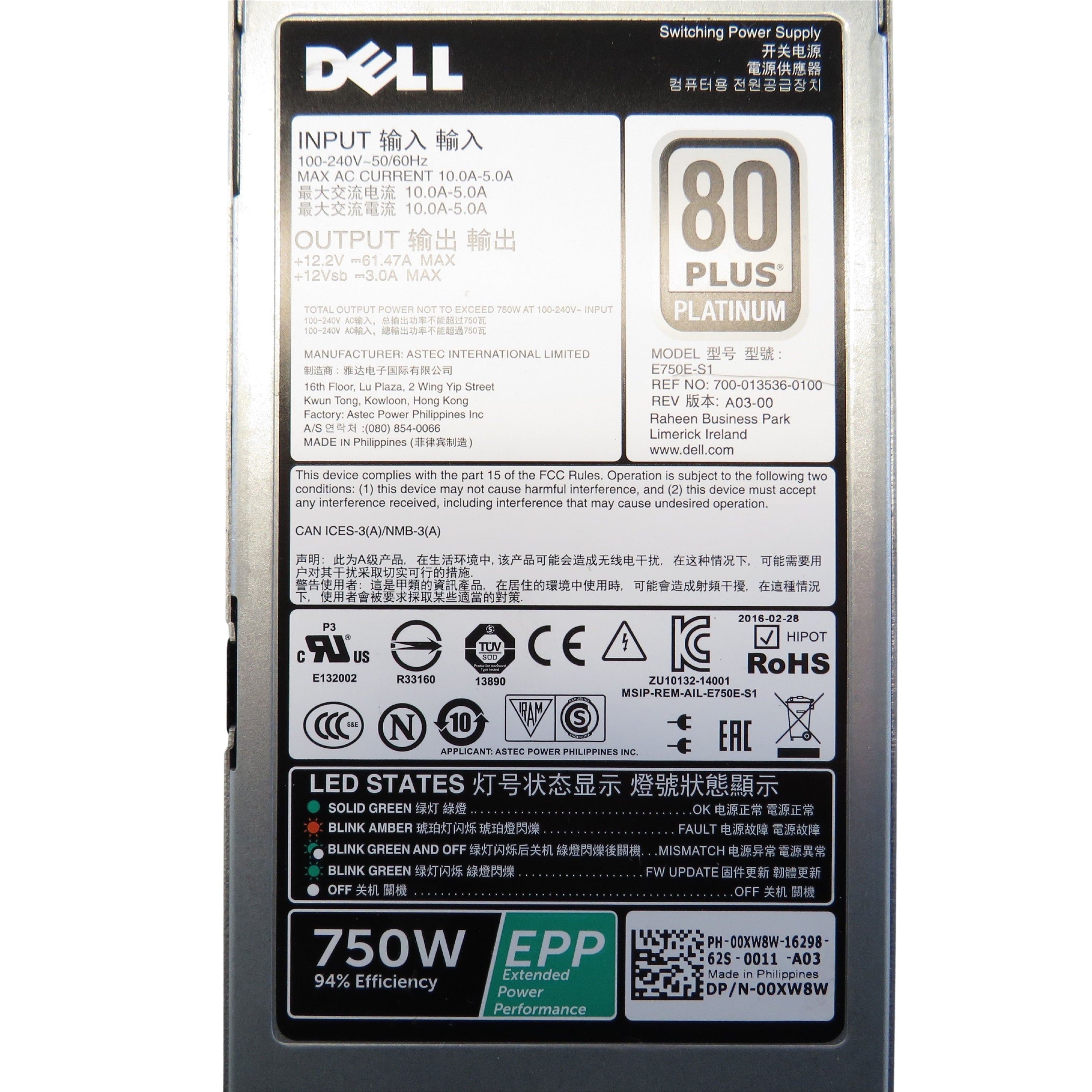 Dell 0XW8W 750W PowerEdge R730 Server Power Supply (Refurbished)