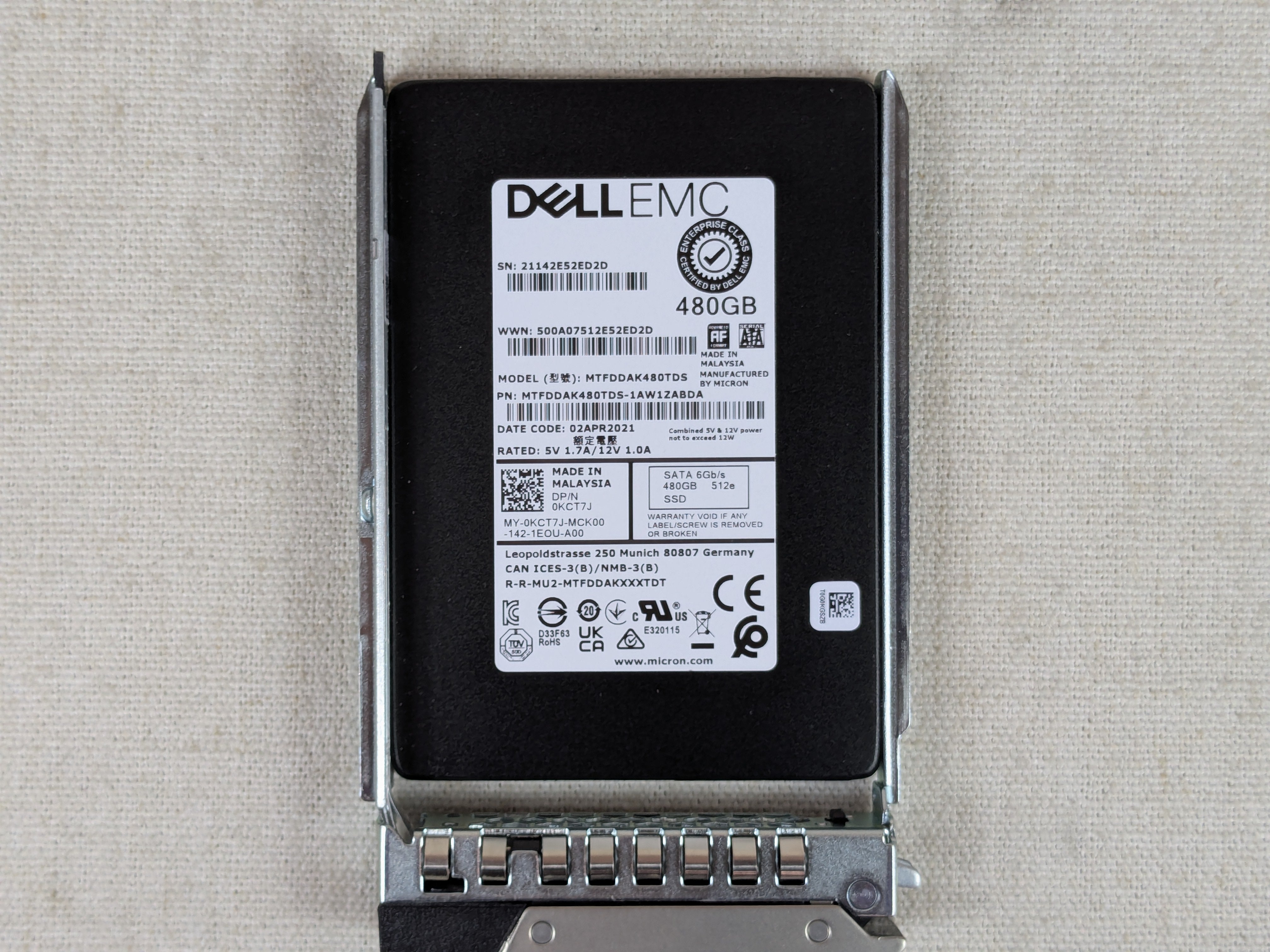 Dell KCT7J 480GB 6Gb/s 2.5" SATA SSD Micron MTFDDAK480TDS w/ 14G Tray
