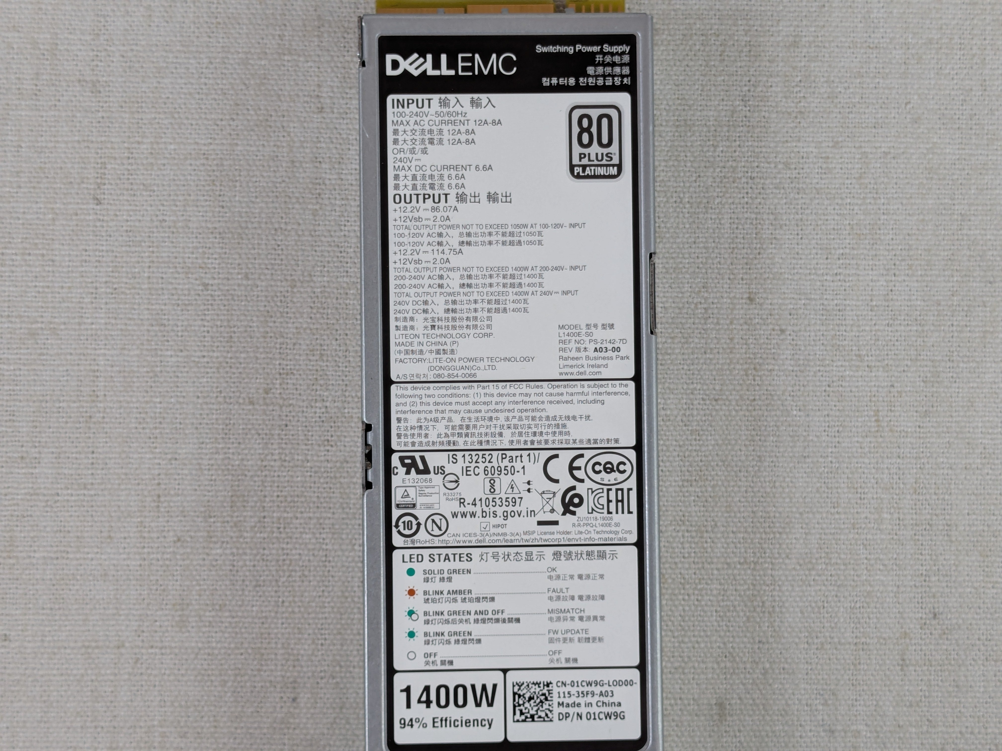 Dell 1CW9G 1400W Platinum Mixed Mode Power Supply Module R650 R750 R660 R760