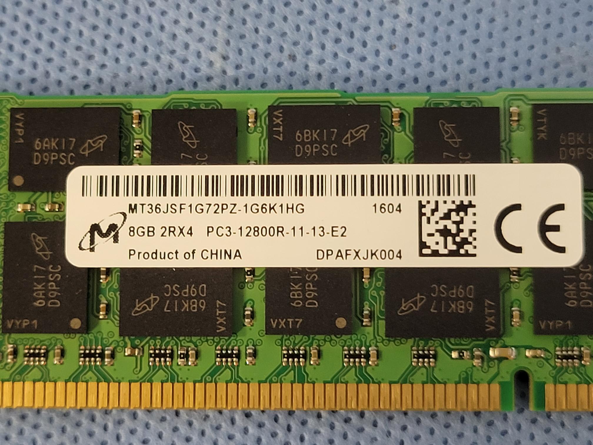 Lot of 4- Micron 8GB 2Rx4 PC3-12800R DDR3 DIMM MT36JSF1G72PZ-1G6K1