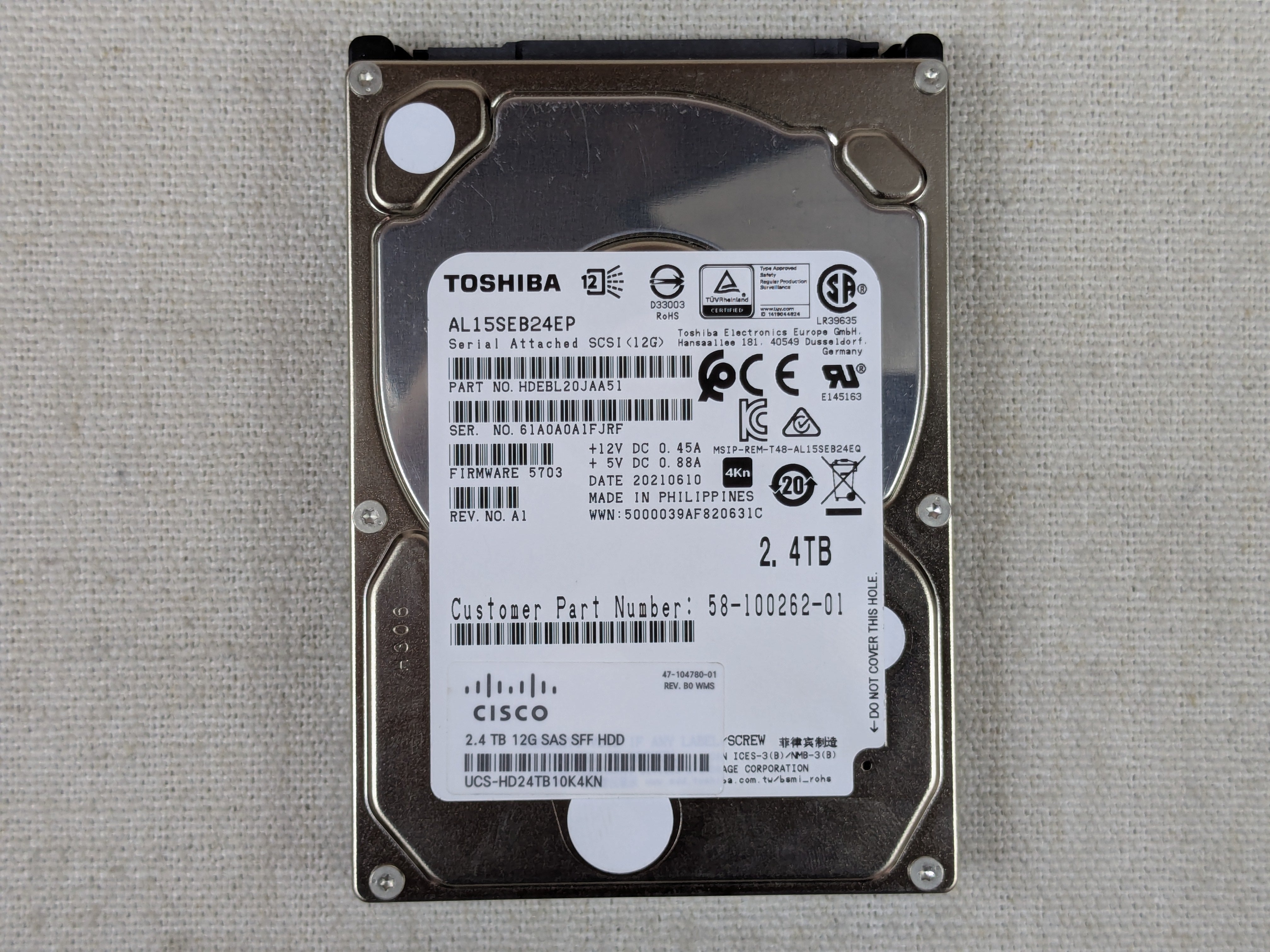 Cisco 58-100262-01 2.4TB 10k 12Gb/s 2.5" SAS Hard Drive AL15SEB24EP
