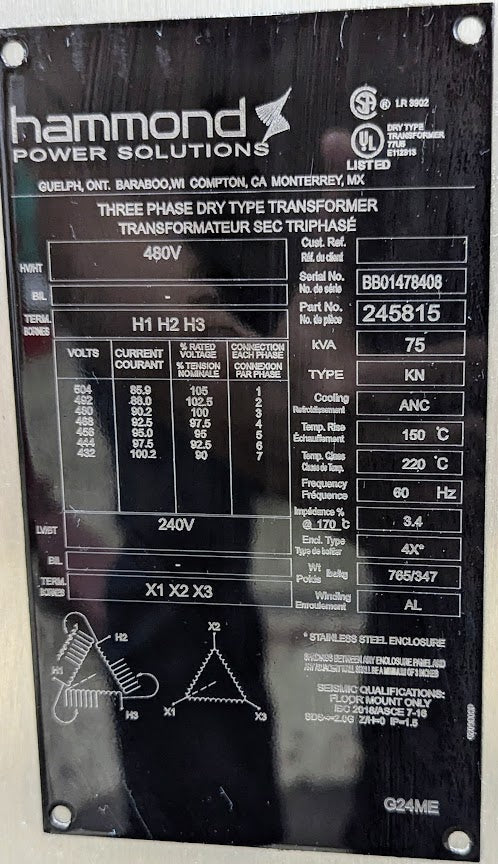Hammond Power Solutions Three Phase 480v Transformer | 75 kVA| | Never Used