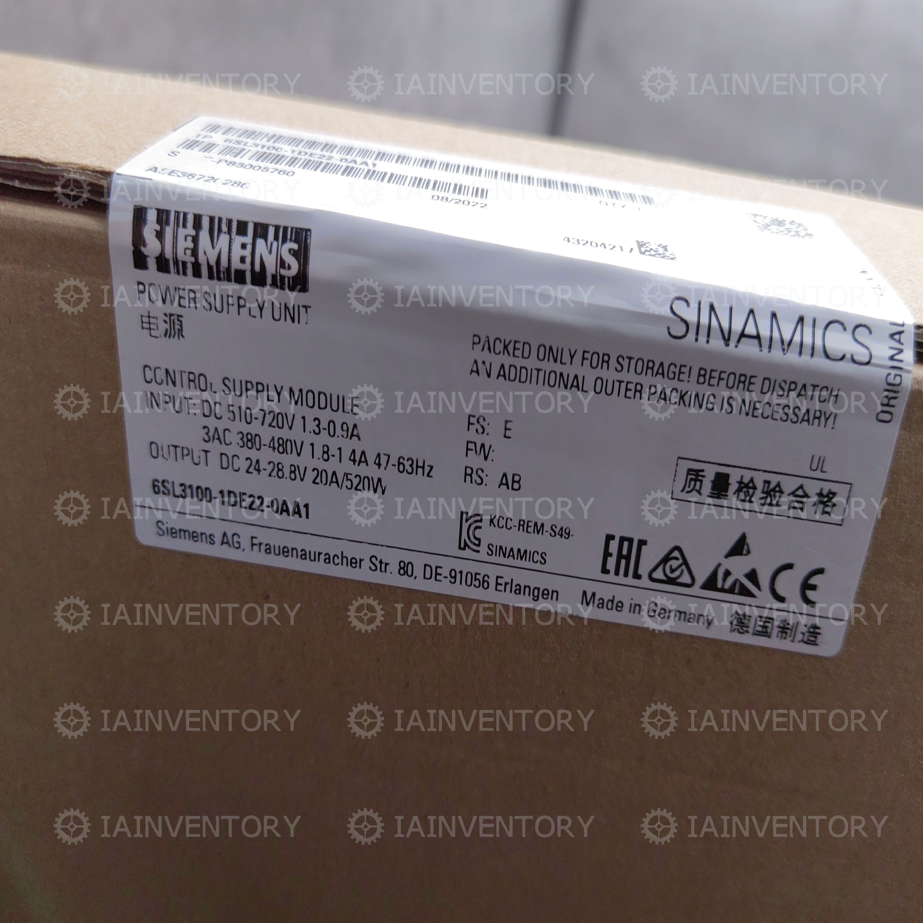 Siemens 6SL3100-1DE22-0AA1 Power Module 6SL3 100-1DE22-0AA1