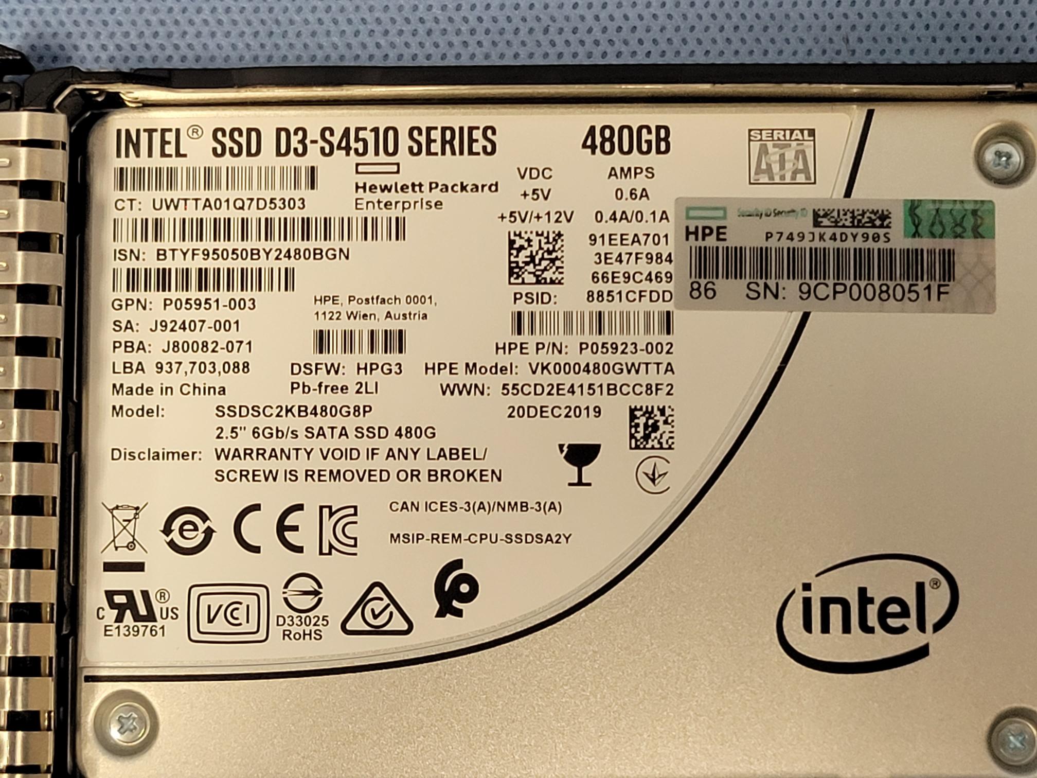 HP P18482-001 480GB 6Gb/s 2.5” SATA RI SSD P18422-B21 SSDSC2KB480G8P
