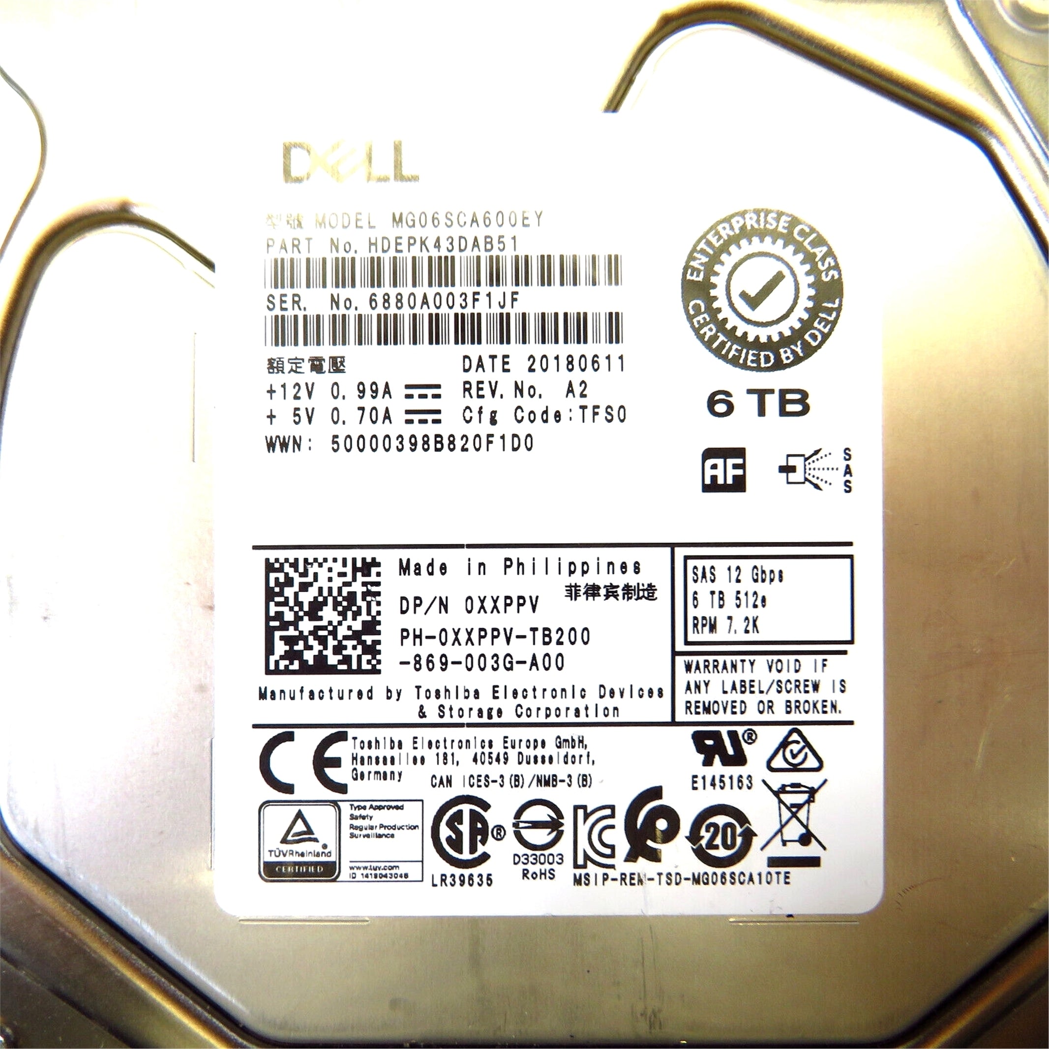 Dell XXPPV 3.5" 6TB 7200RPM SAS 12Gb/s Hard Disk Drive (HDD), Silver (Refurbished)