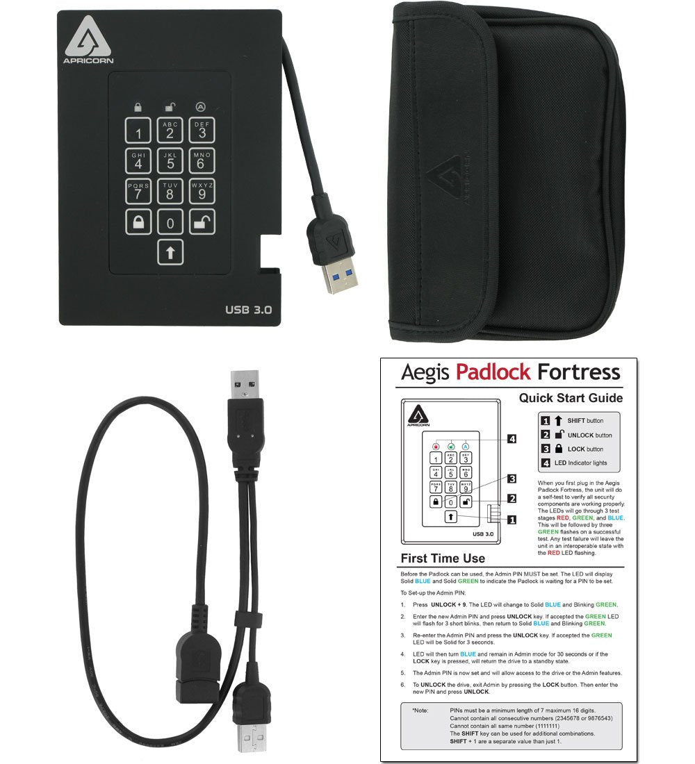 Apricorn 1TB Aegis Padlock Fortress USB 3.0 Encrypted Hard Drive with PIN Access (A25-3PL256-1000F and 128GB Aegis Secure Key 3Z USB 3.1 Encrypted Flash Drive with PIN Access (ASK3Z-128GB
