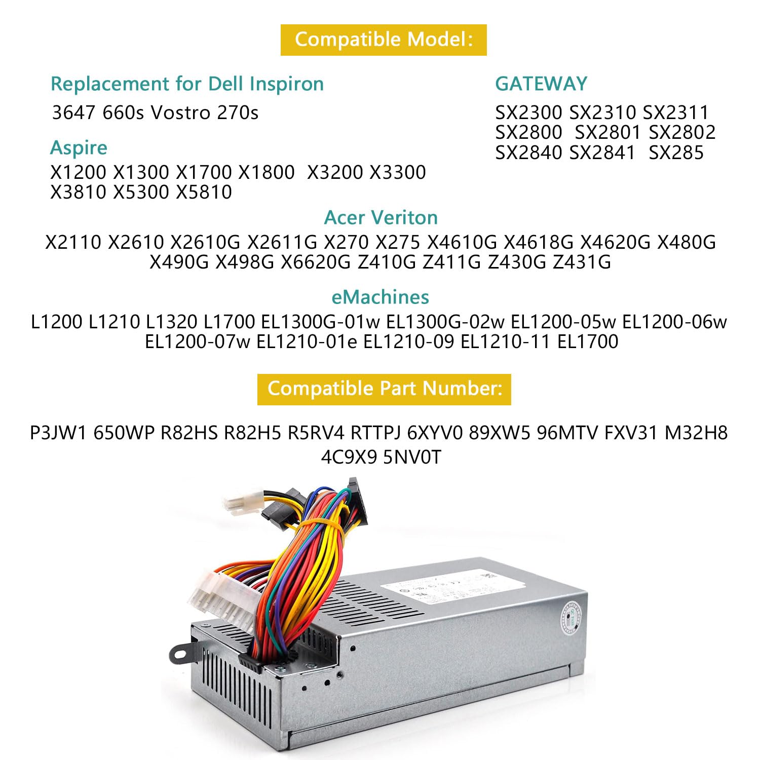 220W Power Supply Compatible with Dell Inspiron 3647 660s Replacement for Acer X1420 X3400 eMachines Gateway Series Delta DPS-220UB A Liteon H220AS-00 D220ES-01 L220AS-00 PS-5221-03DF R82H5 R82HS