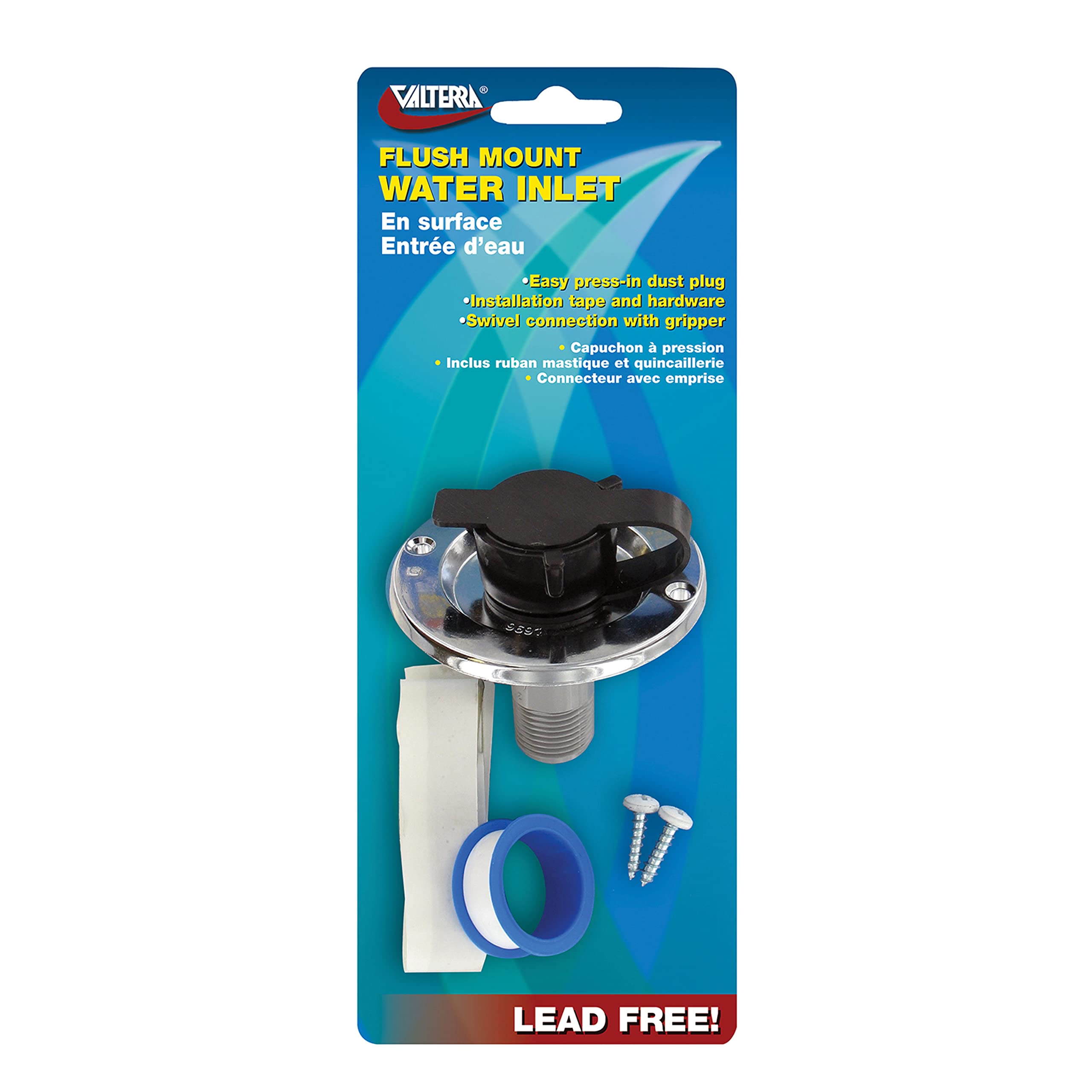 Valterra A01-0165VP Flush Mount RV Water Inlet, Black, Die Cast Flange, Plastic Check Valve, includes Screws & Tape