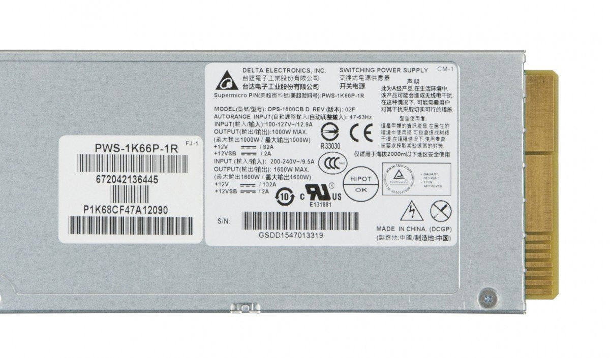 Supermicro PWS-1K66P-1R 1U 1600W Redundant Platinum Power Supply 73.5mm Width, RoHS/Reach, PBF