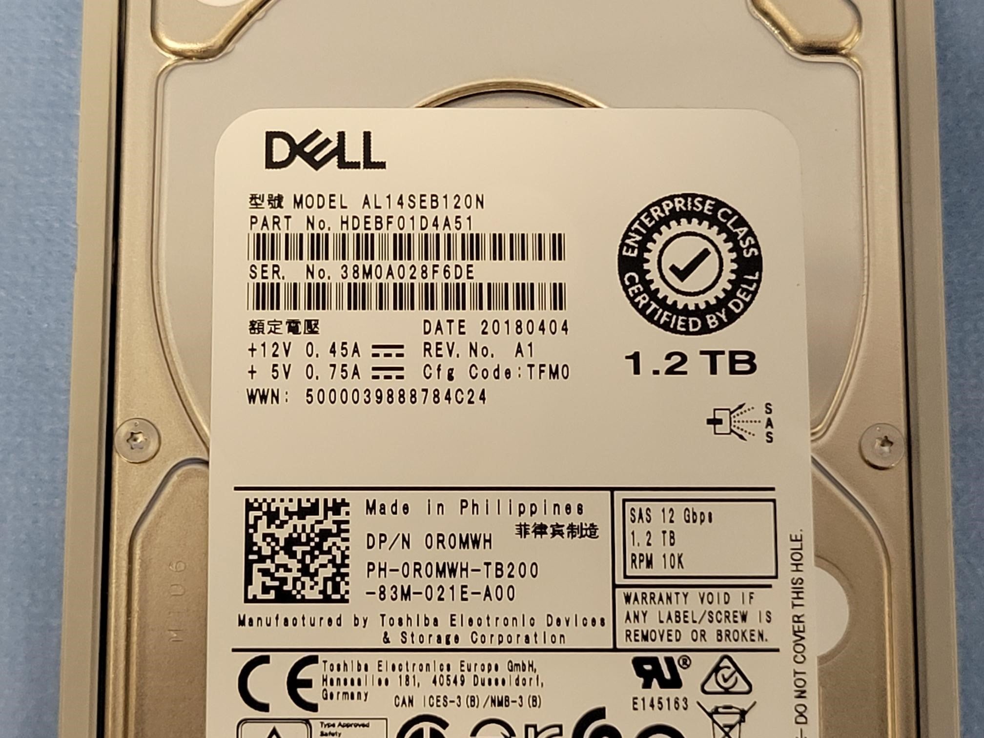 Dell R0MWH Toshiba 1.2TB 10k 12Gb/s 2.5” SAS Hard Drive AL14SEB120N w/ Tray