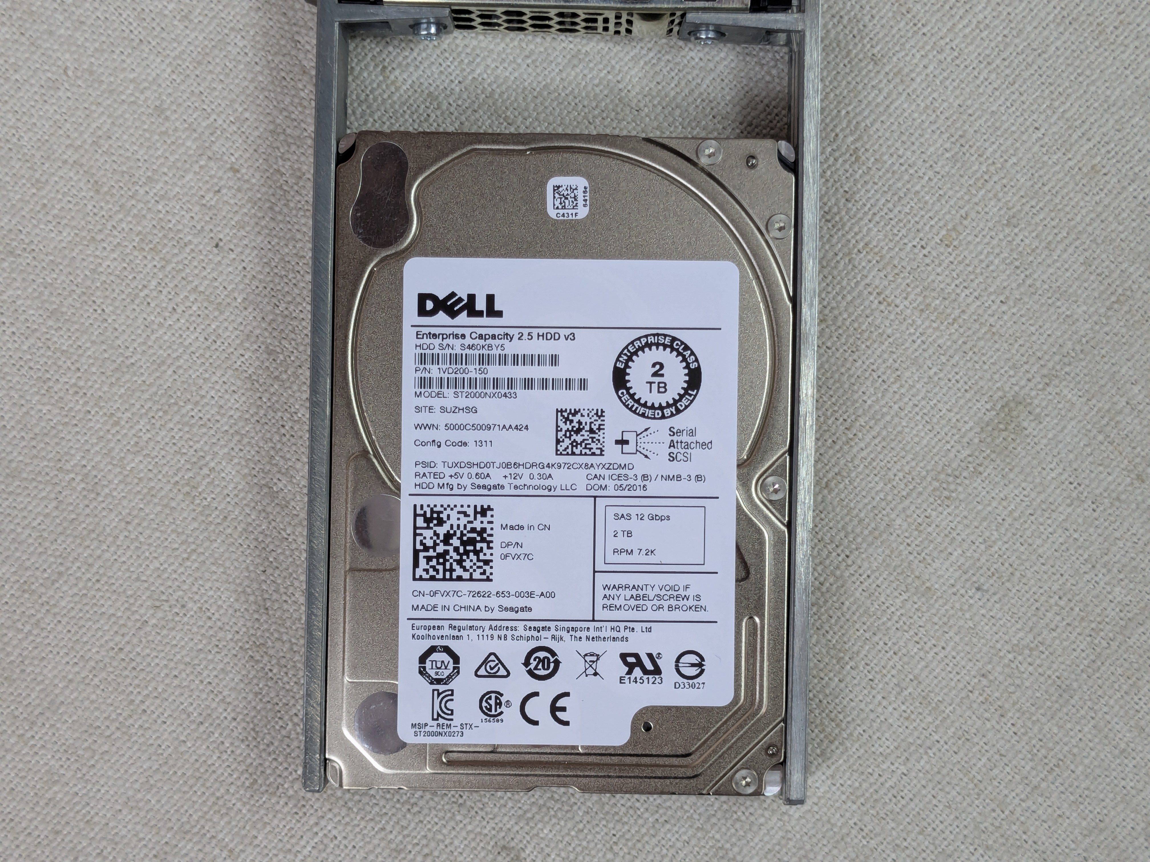 Dell FVX7C Seagate ST2000NX0433 2TB 7.2k 12Gb/s 2.5” SAS Hard Drive