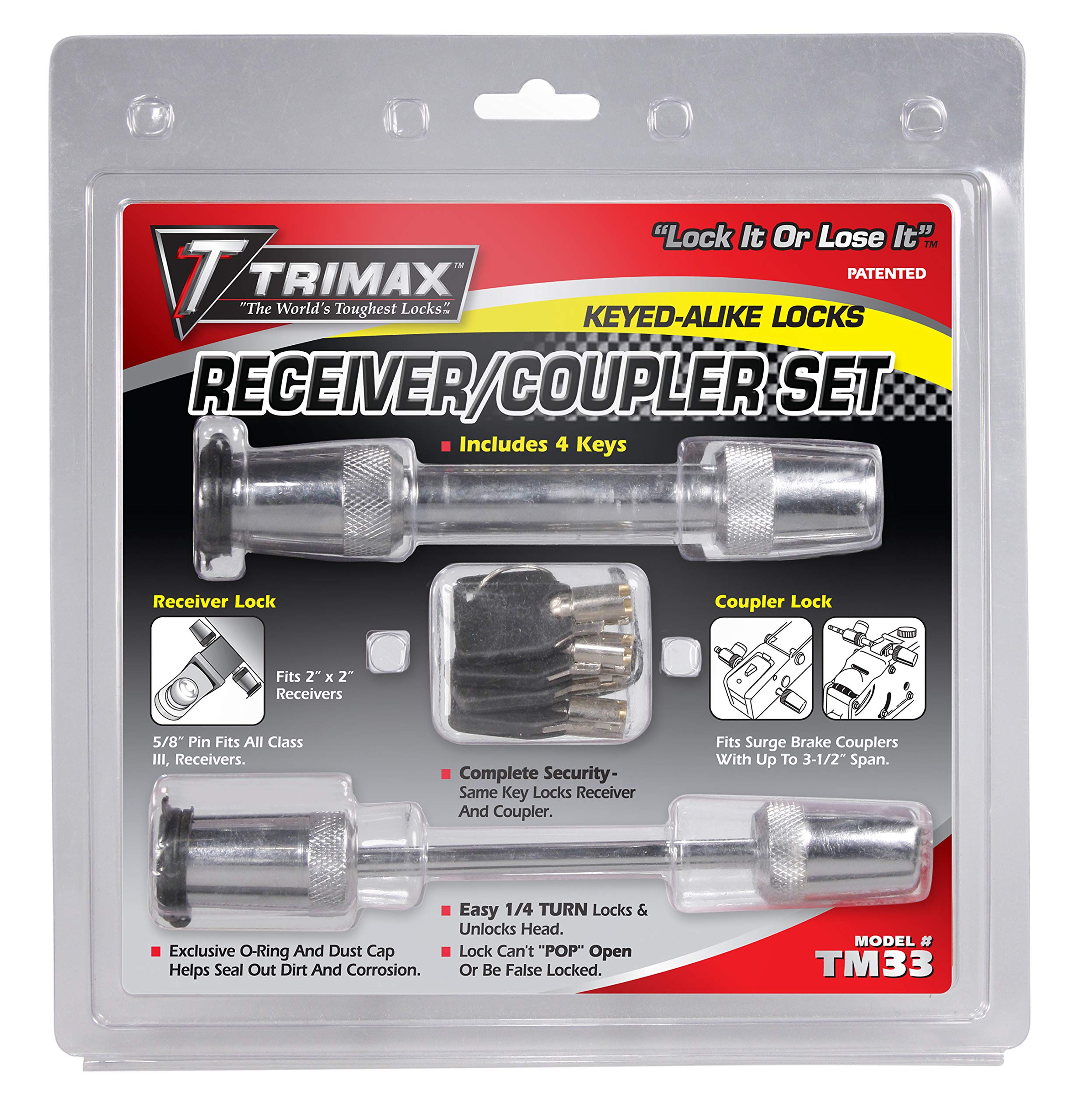 Trimax Locks TM33 Trimax Chrome T3 5/8" Receiver Lock & TC3 3 1/2" Span Coupler, Lock