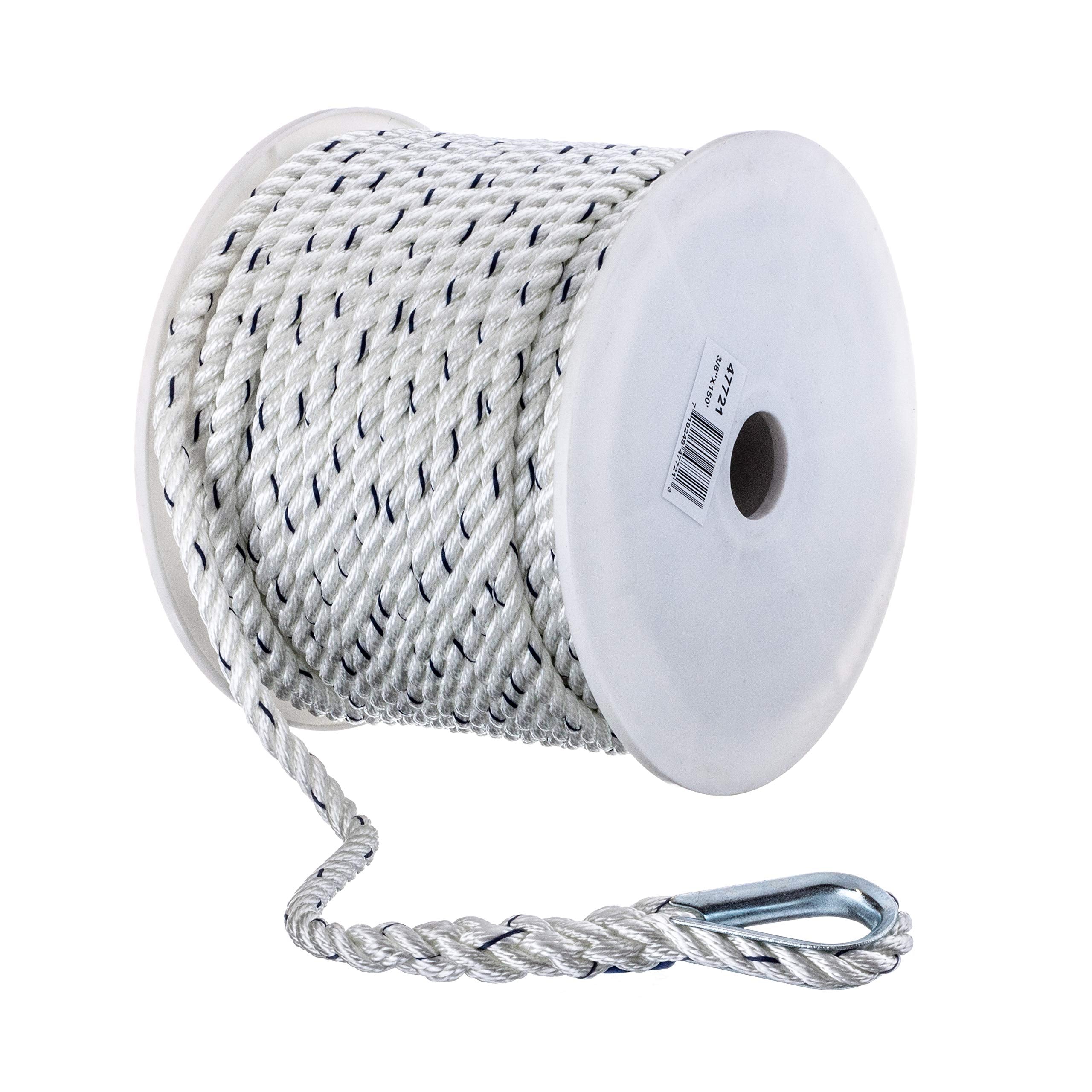 Seachoice 47721 Premium 3-Strand Twisted Nylon Anchor Line White w/ Blue Tracer, 3/8" x 150'