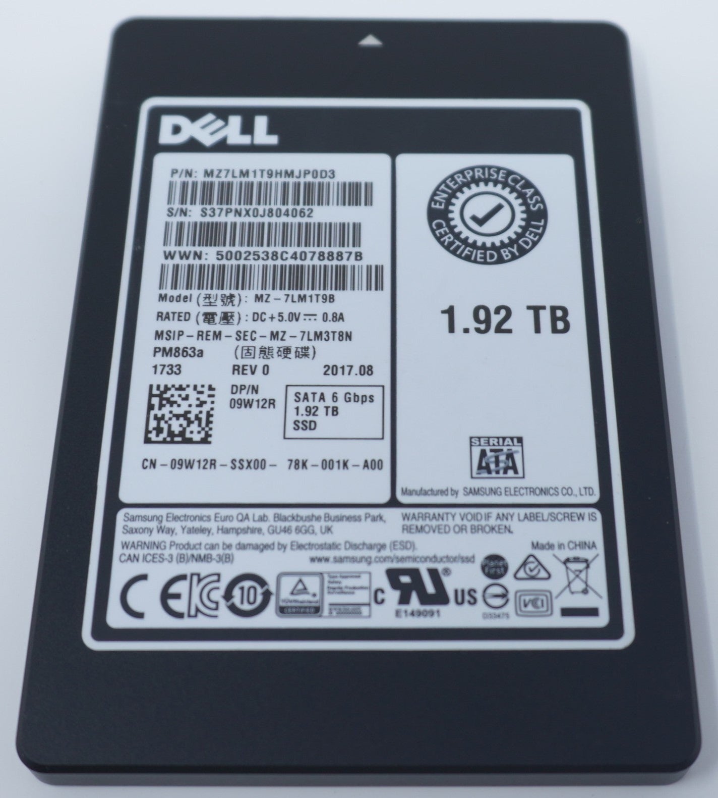 Dell 9W12R - 1.92TB SATA Enterprise SSD Label Detail | Alo Tech Solutions