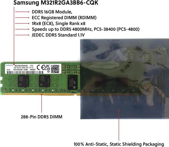 Samsung M321R2GA3BB6-CQK 16GB DDR5-4800 REG EC8 RDIMM PC5-38400R ECC Registered DIMM 288-Pin 1Rx8 1.1V Server Memory RAM Module